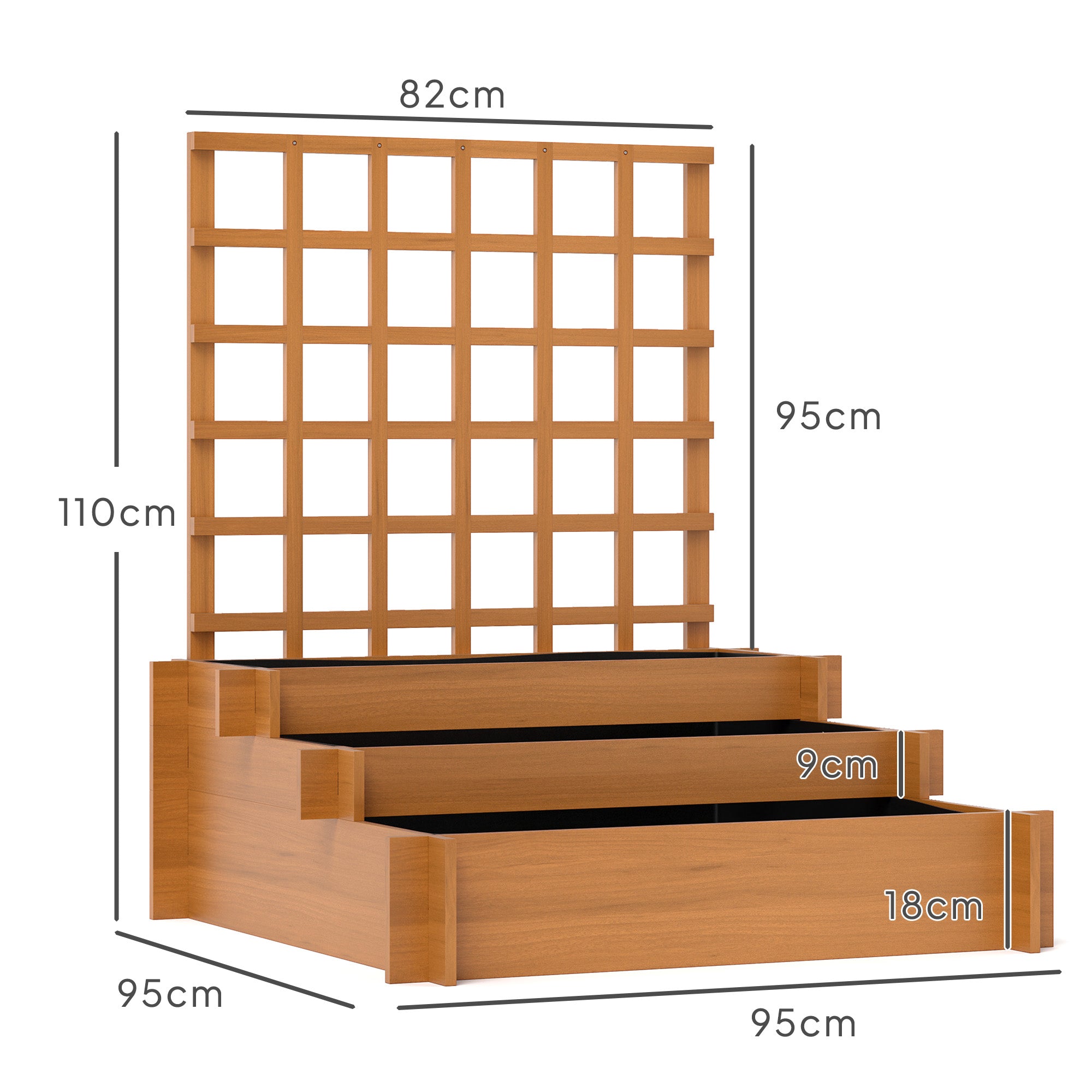 Outsunny 3 Tier Garden Planters with Trellis for Vine Climbing, Wooden Raised Beds, 95x95x110cm, Brown - North Peak Garden Furniture