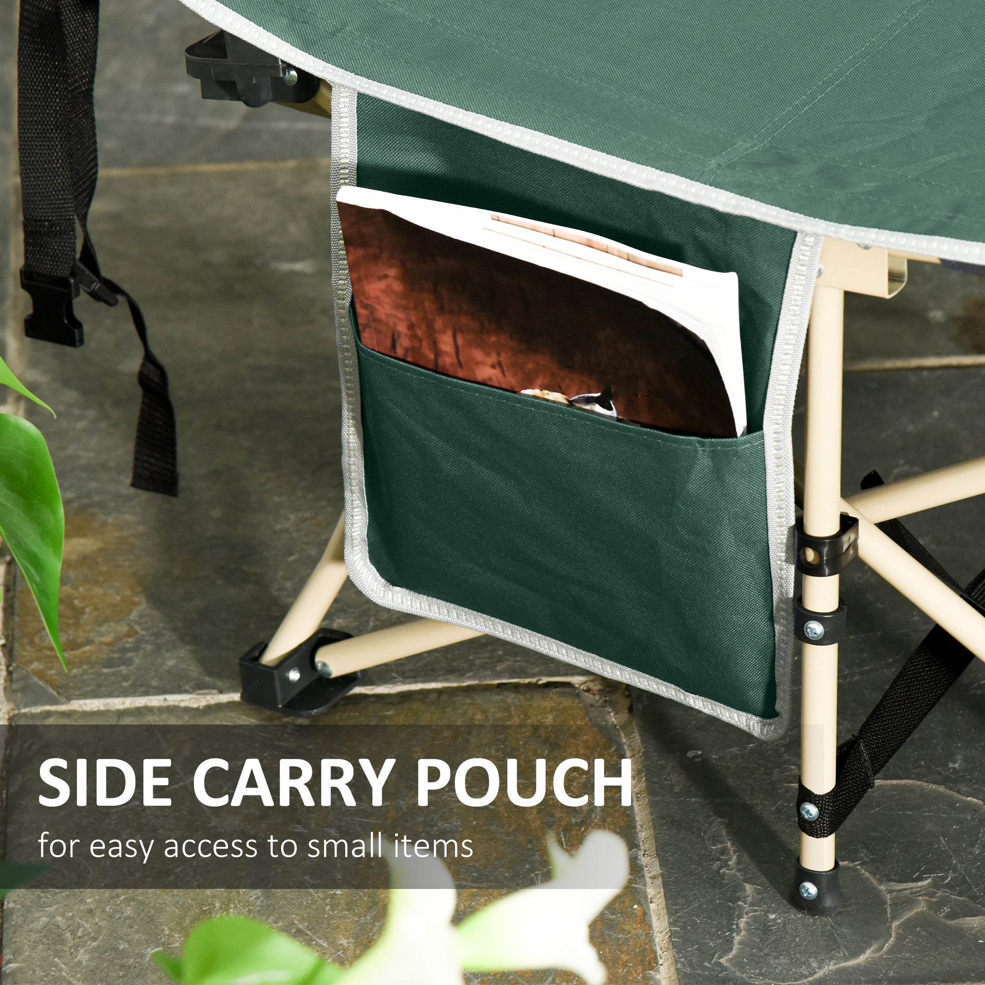 Outsunny Single Person Camping Bed Folding Cot Outdoor Patio Portable Military Sleeping Bed Travel Guest Leisure Fishing with Side Pocket and Carry Bag - Green - North Peak Garden Furniture