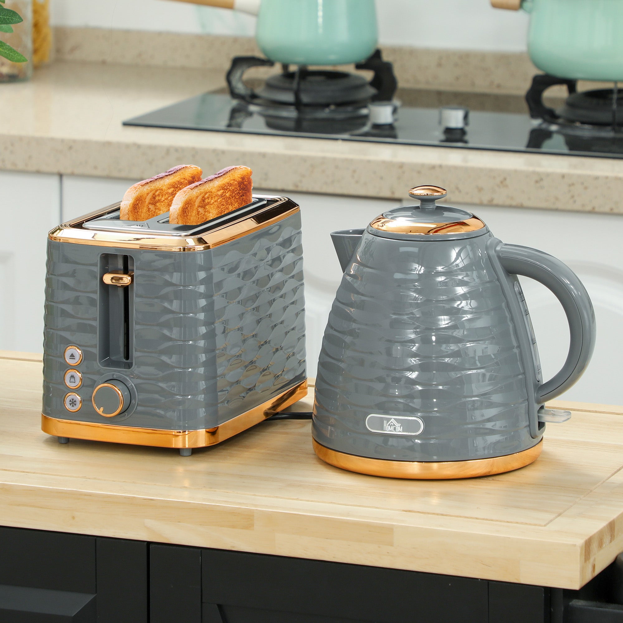 HOMCOM 3000W 1.7L Rapid Boil Kettle & 2 Slice Toaster, Kettle and Toaster Set with 7 Browning Controls and Crumb Tray, Grey - North Peak Garden Furniture