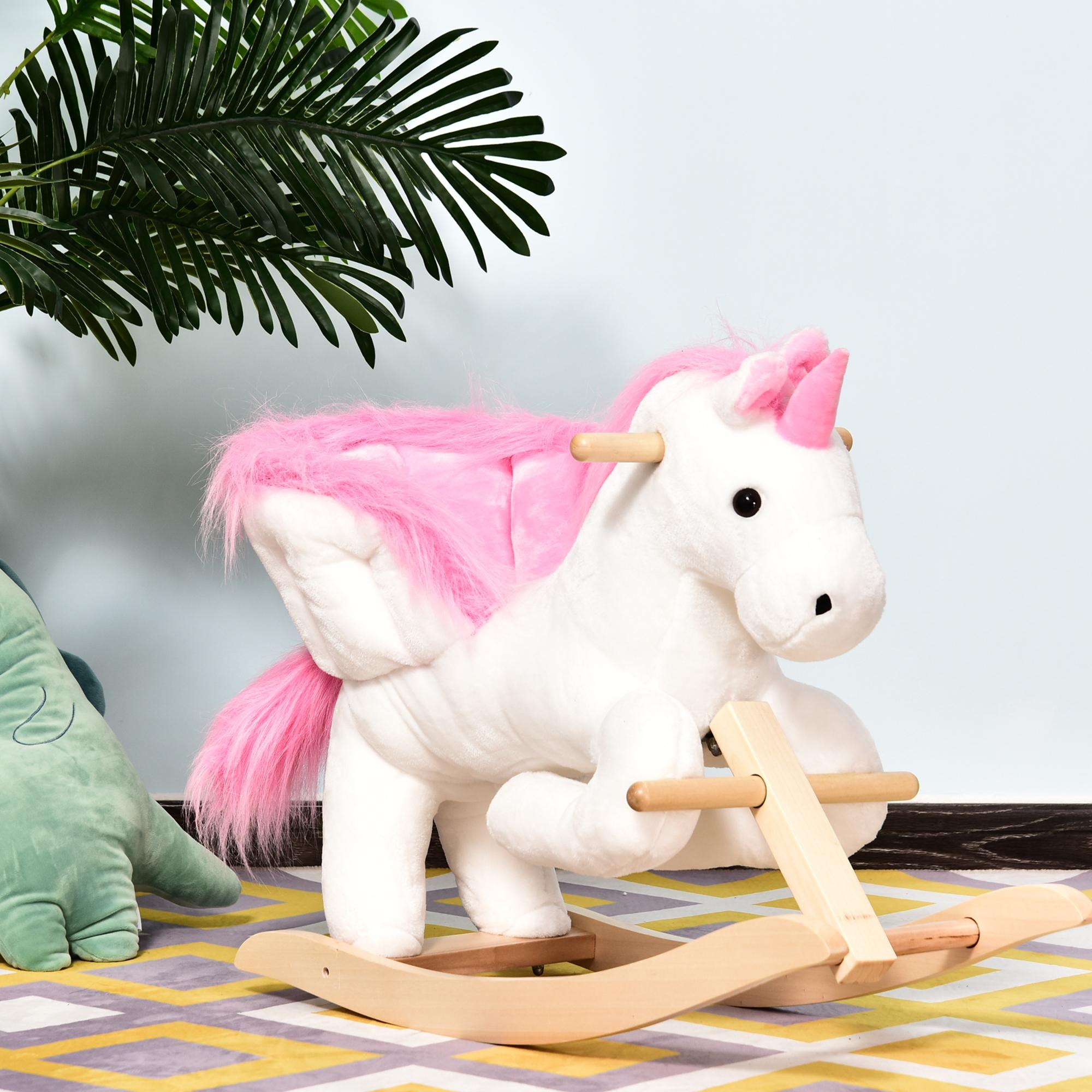HOMCOM Kids Rocking Horse Unicorn Wooden Plush Ride On Chair Toy with Music 1.5-3 Years - North Peak Garden Furniture