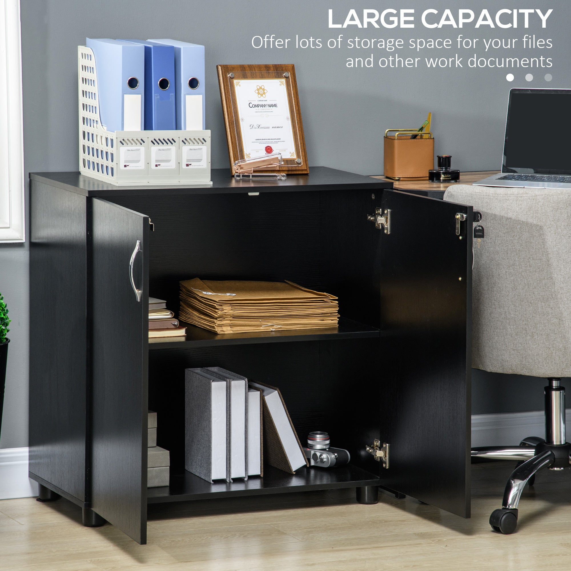 Vinsetto Lockable Office Storage Cabinet 2-Tier Filing Cabinet w/ Feet 2 Keys Melamine Coating Aluminium Handles Home Office Printer Stand Black - North Peak Garden Furniture
