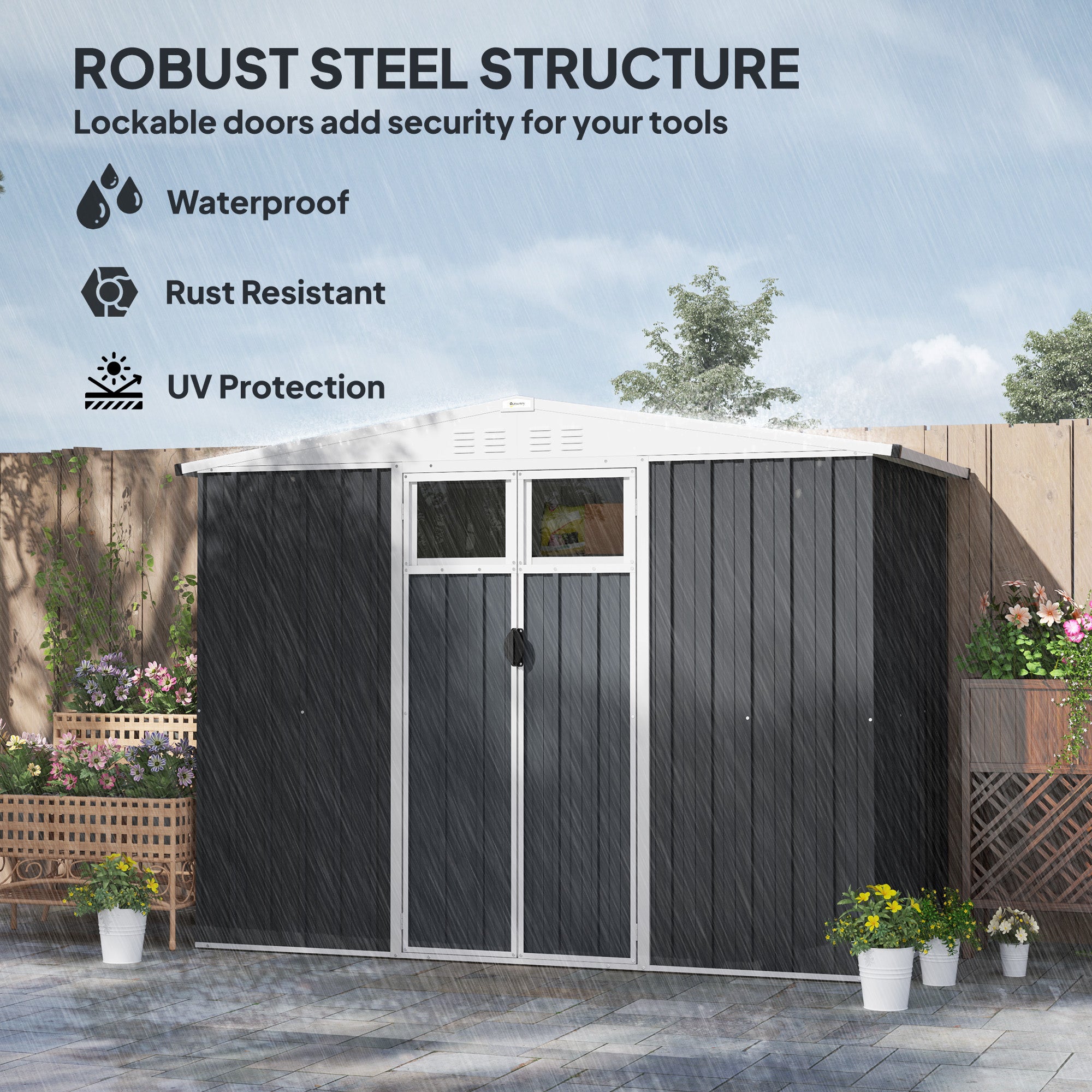Outsunny 8 x 4 ft Metal Garden Shed, Garden Storage Shed with Window, 4 Vents and Lockable Door, Waterproof Galvanised Steel Tool Storage Shed, Dark Grey - North Peak Garden Furniture