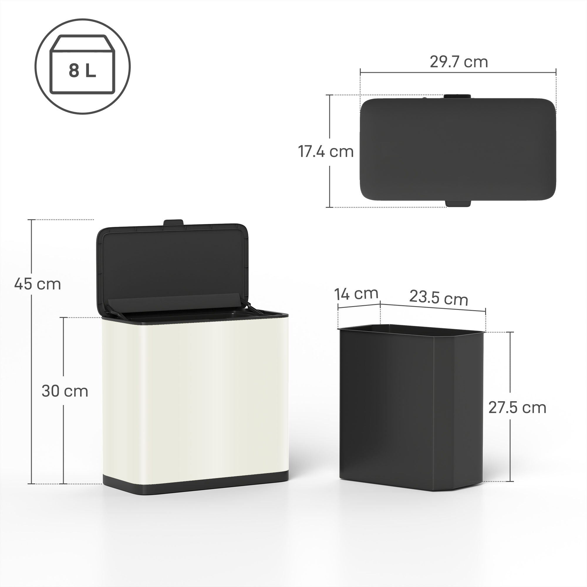 HOMCOM 8L Hanging Kitchen Bin, Rubbish bin with Lid and Removable Inner Bucket for Kitchen Cabinet Door, Under Sink, Office