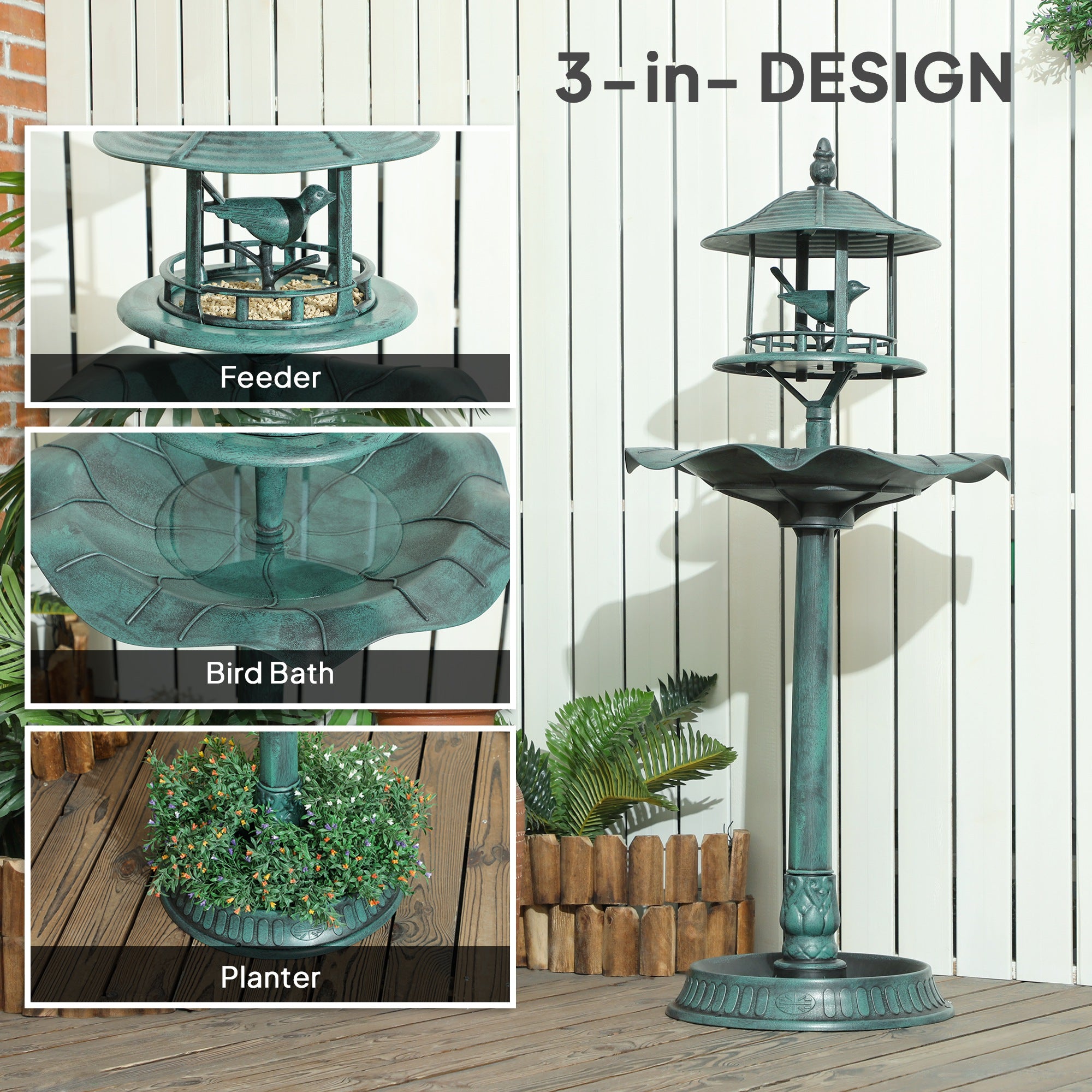Outsunny 3-in-1 Garden Bird Bath, Freestanding Birdbath with Large Water Basin, Underneath Flower Planter, Φ50 x 113 cm, Green