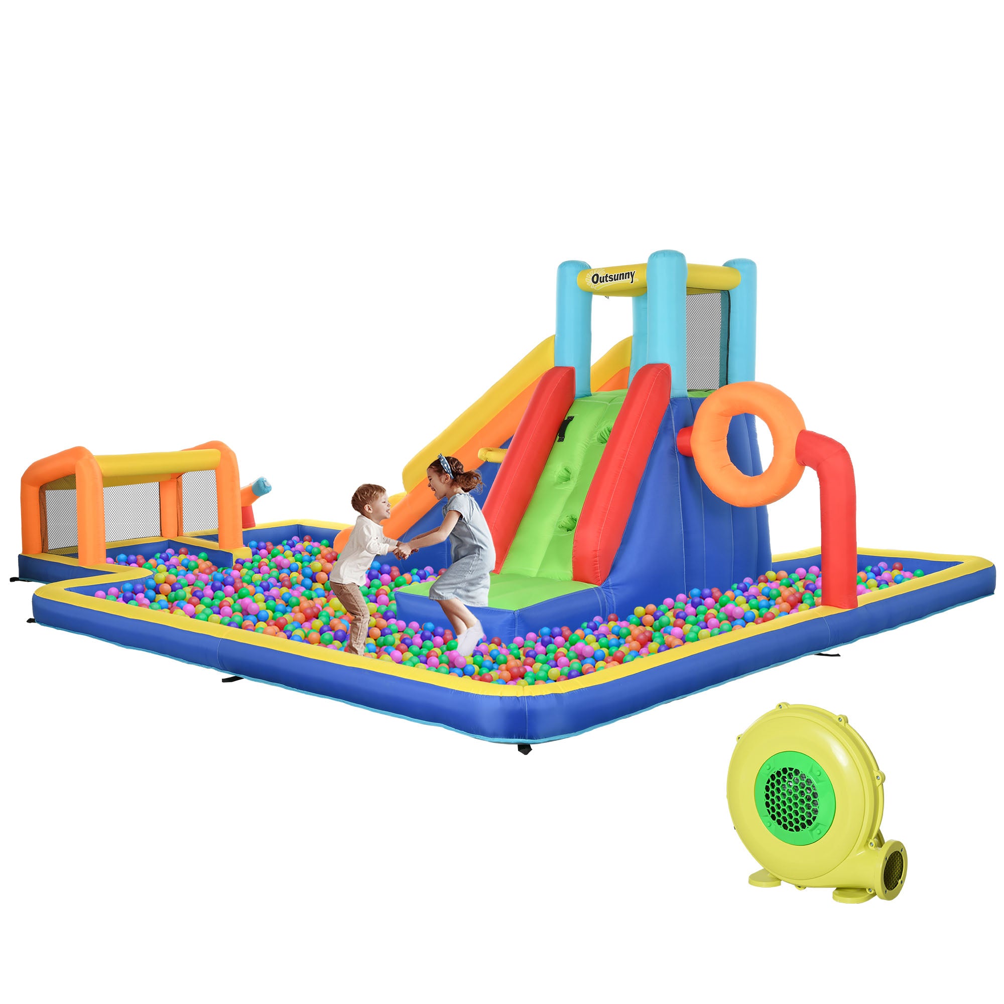 Outsunny 6 in 1 Bouncy Castle with Slide, Pool, Climbing Wall, Water Cannon, Basketball Hoop, Football Stand, for Ages 3-8 Years