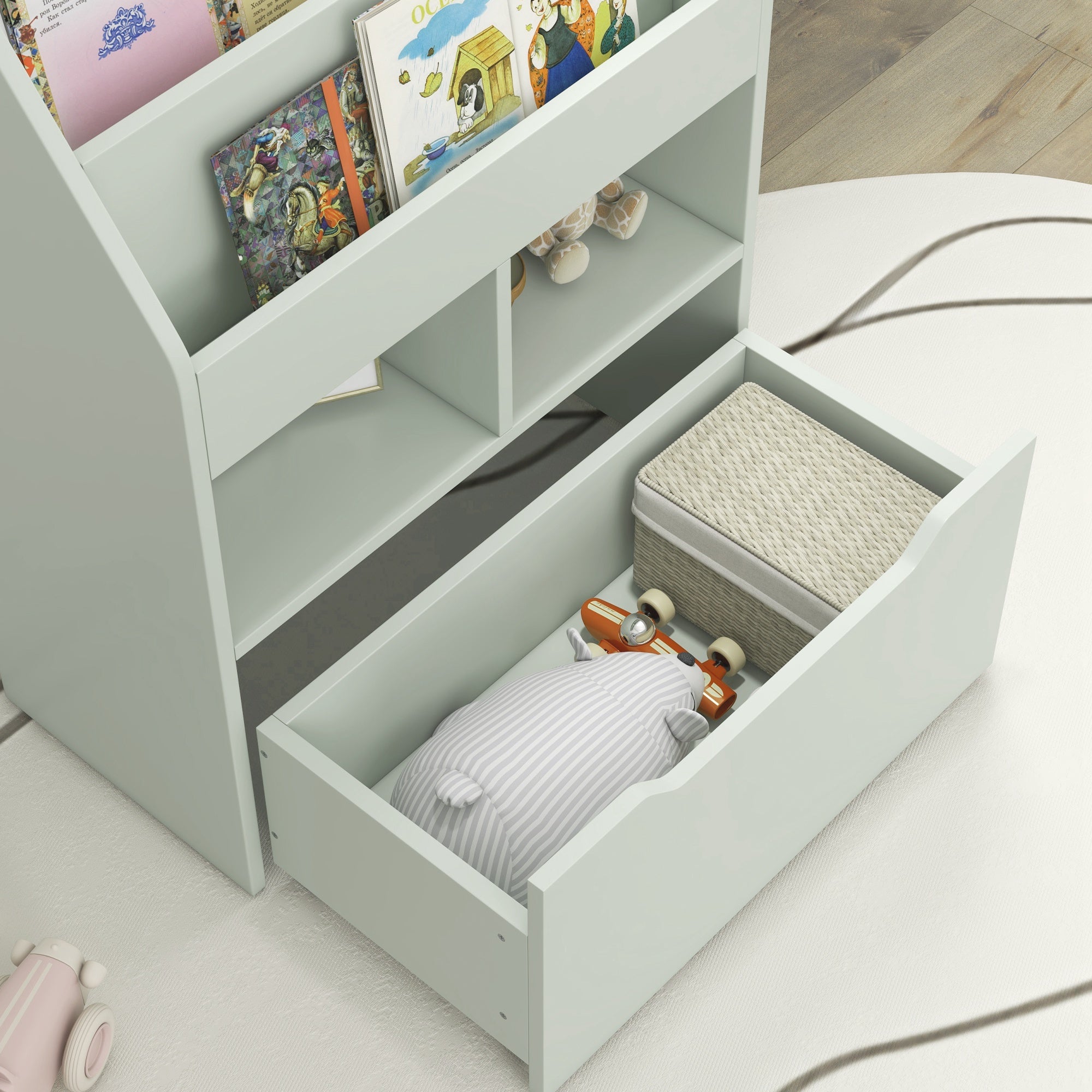 HOMCOM Kids Bookshelf, Toy Organiser, with Storage Drawer, Wheels - Green - North Peak Garden Furniture