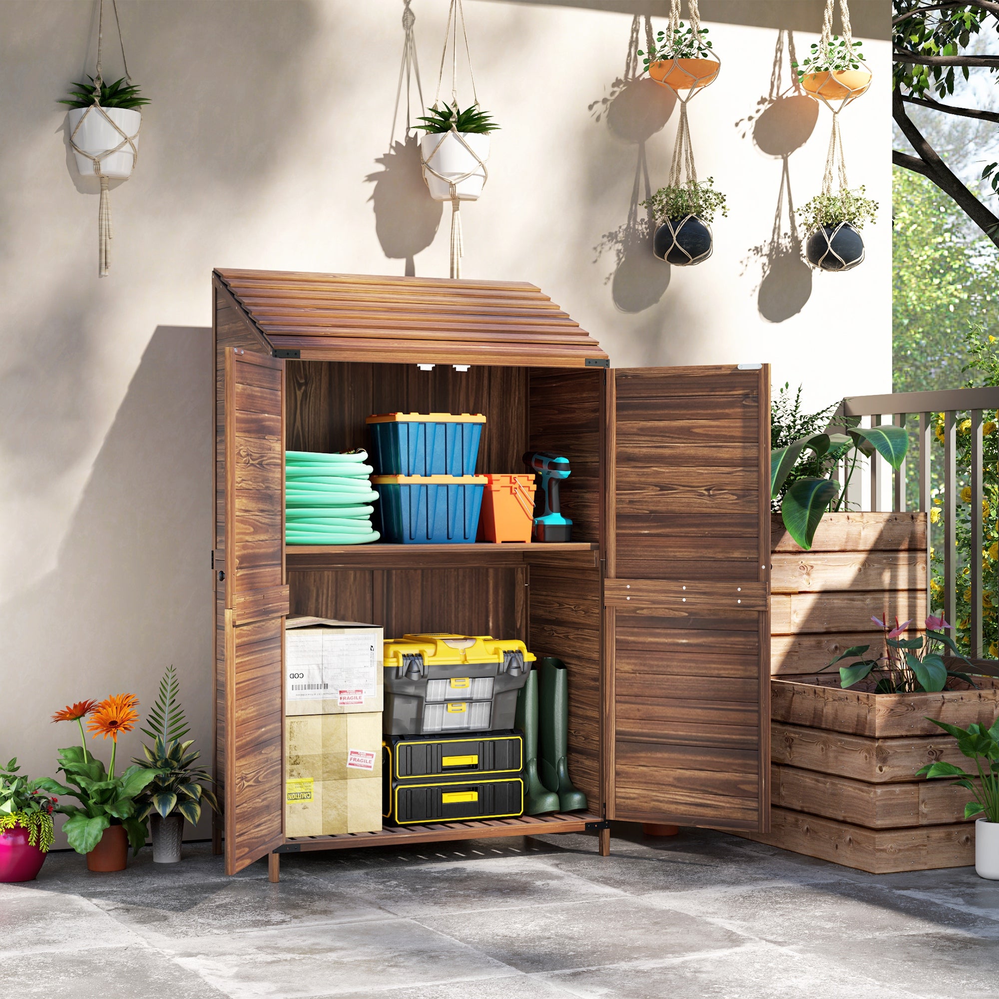 Outsunny 59 x 103.5 cm Two-Tier Wooden Garden Shed - Brown - North Peak Garden Furniture