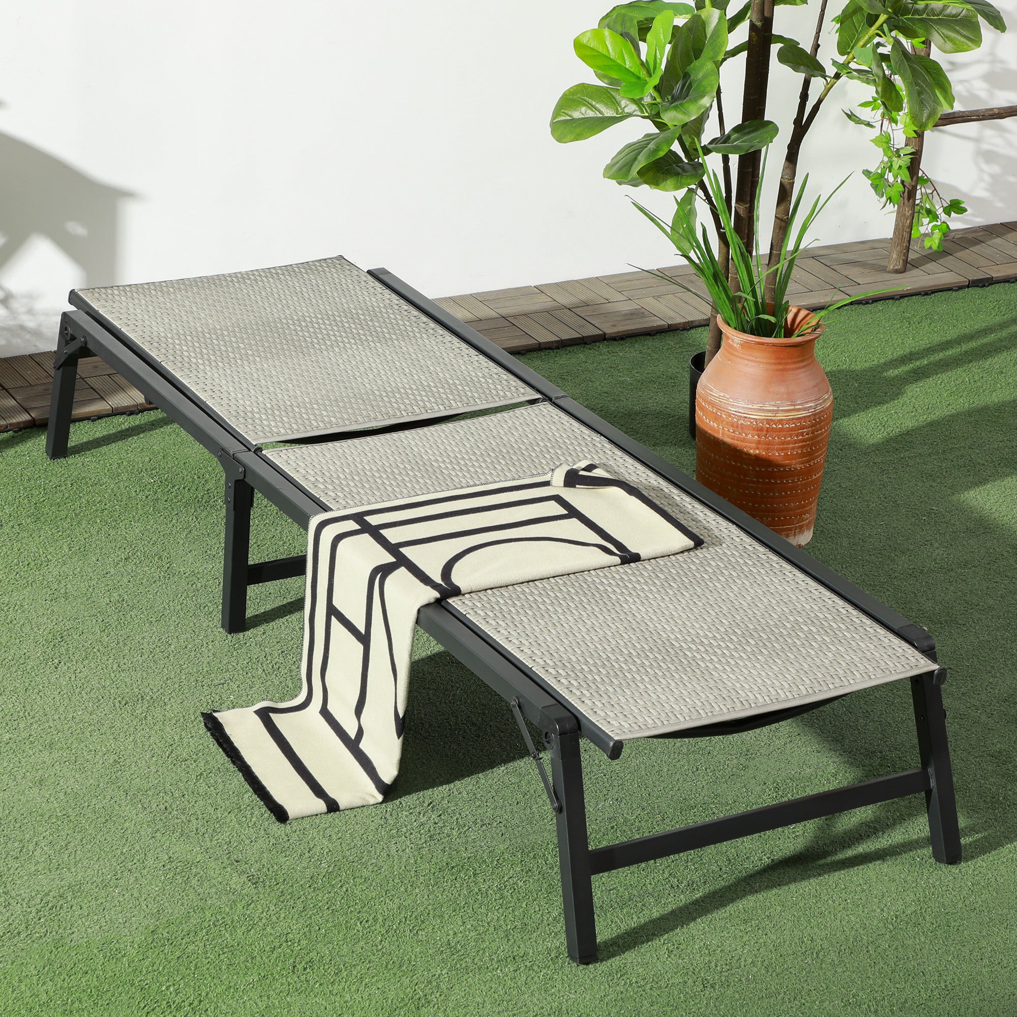 Outsunny Foldable Rattan Sun Lounger with 5-Level Adjust Backrest, Recliner Chair, Mixed Grey - North Peak Garden Furniture
