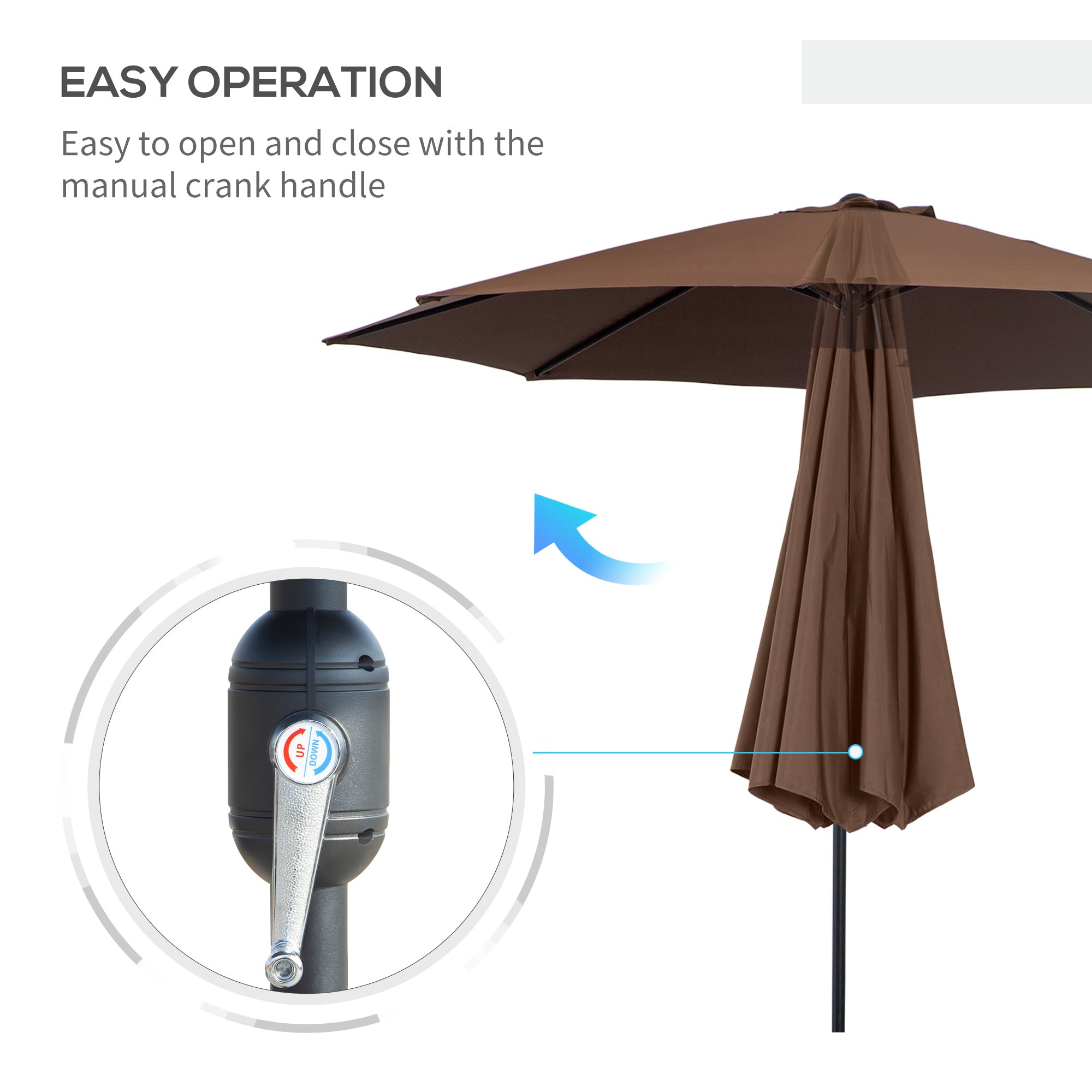 Outsunny 3(m) Tilting Parasol Garden Umbrellas, Outdoor Sun Shade with 8 Ribs, Tilt and Crank Handle for Balcony, Bench, Garden, Coffee