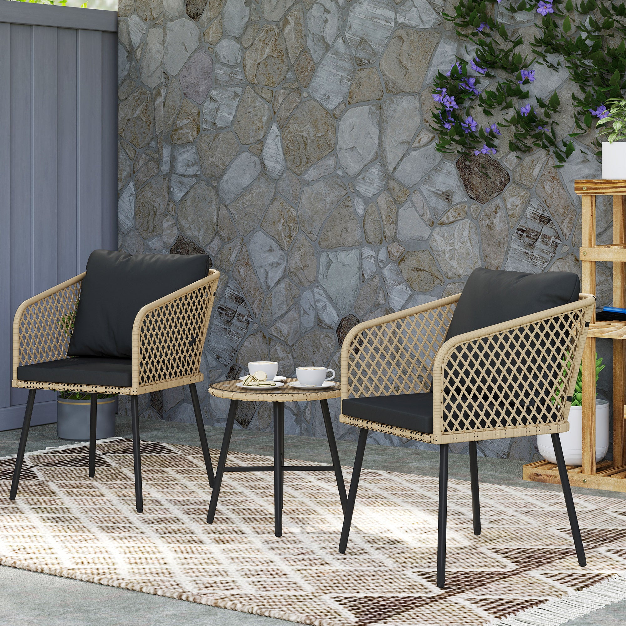 Outsunny Three-Piece Cut-Out Rattan Chair and Table Set - Brown/Black - North Peak Garden Furniture