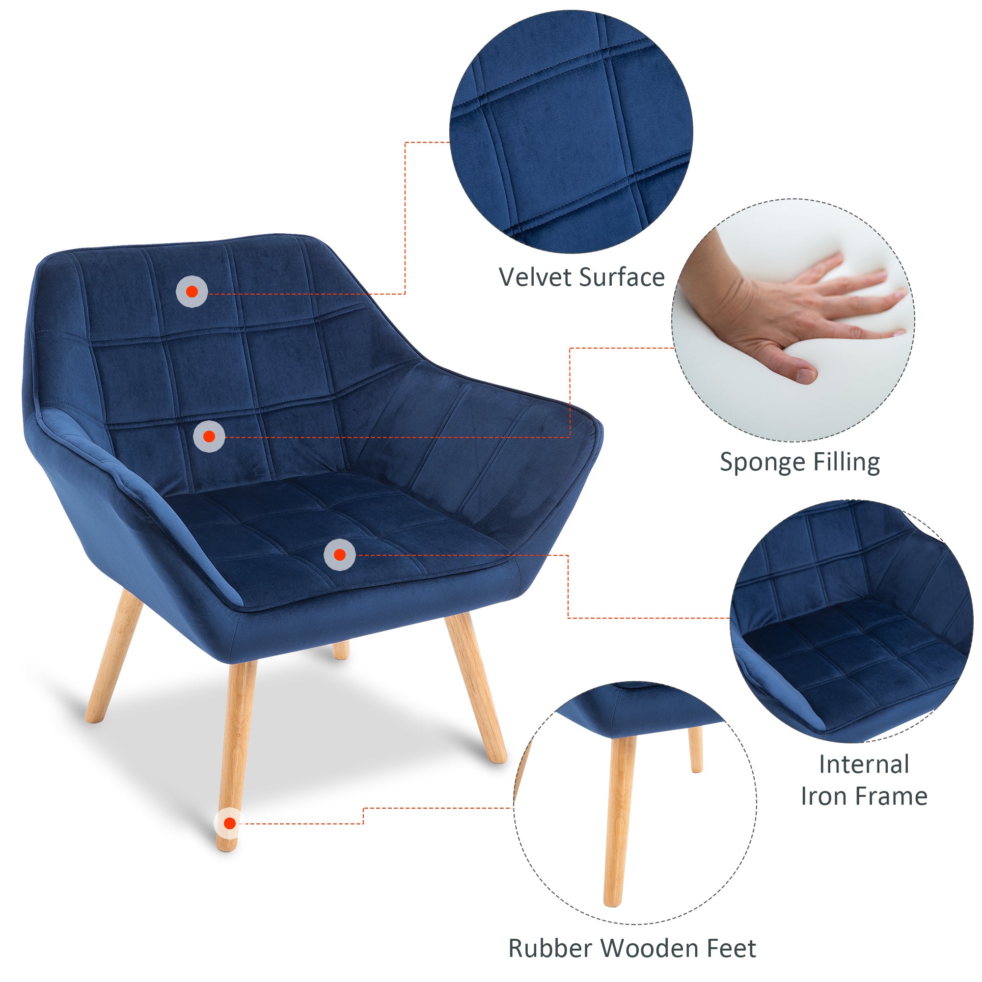 HOMCOM Armchair Accent Chair Wide Arms Slanted Back Padding Steel Frame Wooden Legs Home Bedroom Furniture Seating Blue