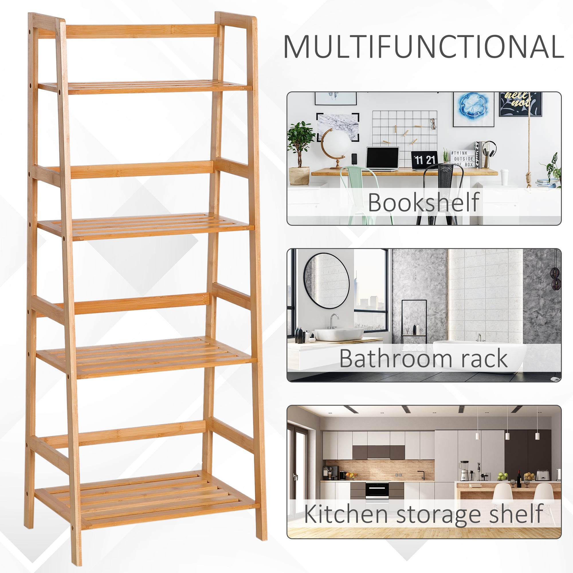 HOMCOM Bamboo Ladder Shelf, 4-Tier Bookshelf, Freestanding Bookcase for Living Room, Study, Bedroom, Home Office, 48 x 31.5 x 120cm, Natural Wood Effect - North Peak Garden Furniture