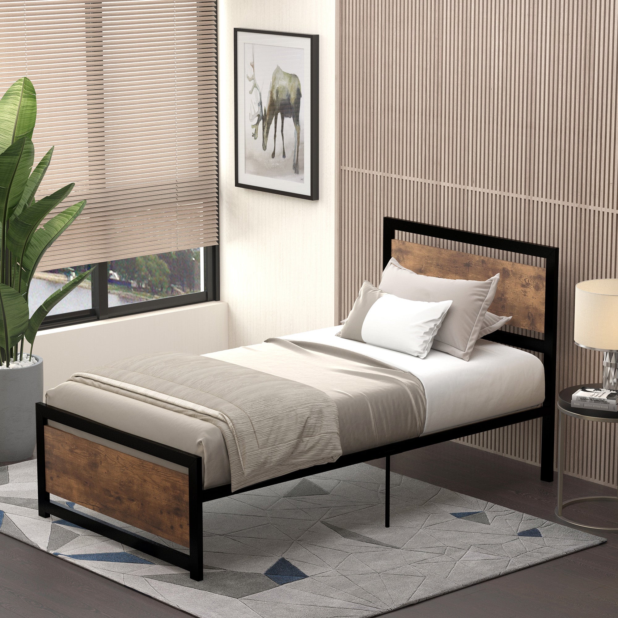 HOMCOM Single Size Metal Bed Frame with Headboard & Footboard, Strong Slat Support Solid Bedstead Base w/ Underbed Storage Space, Bedroom Furniture For Adults - North Peak Garden Furniture