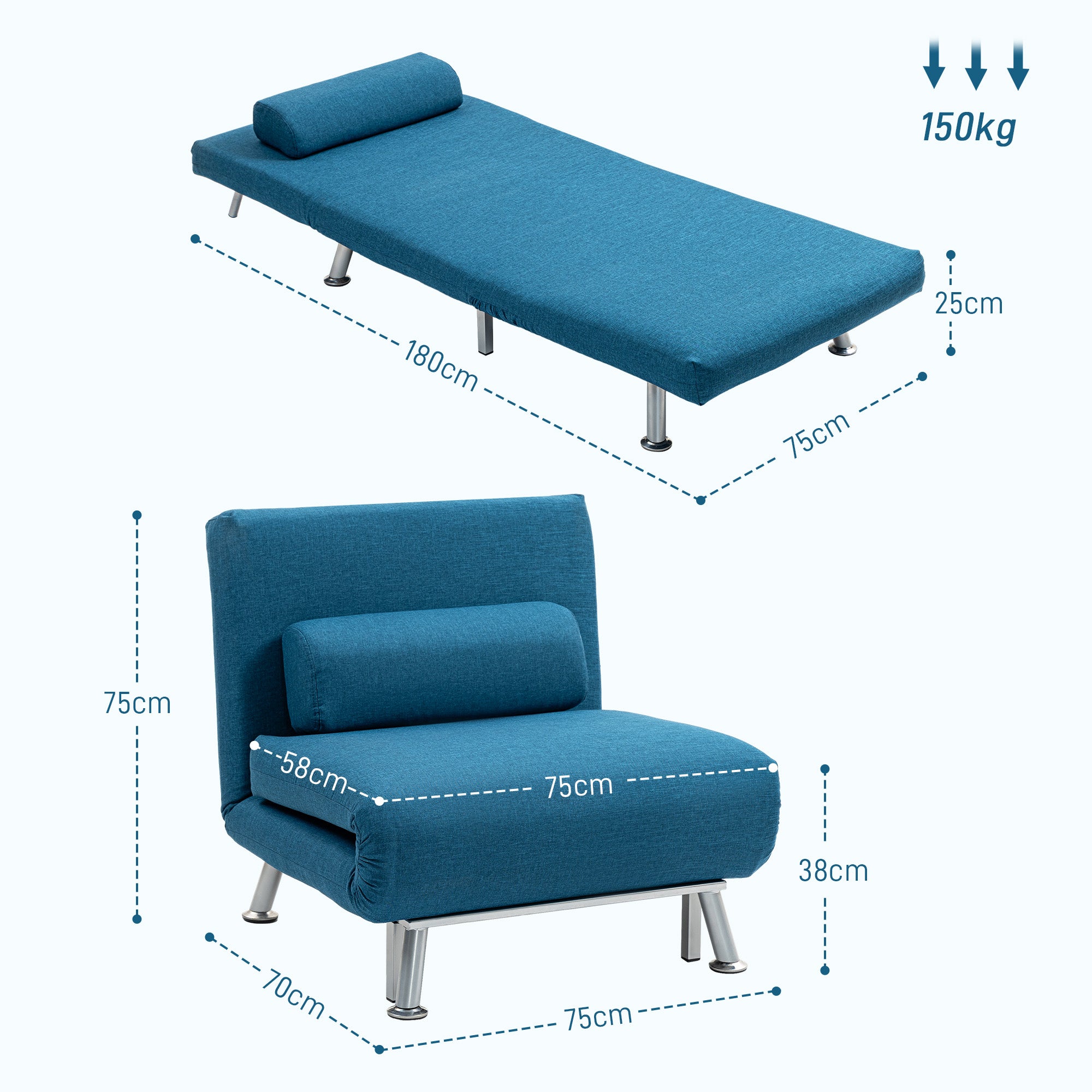 HOMCOM Single Linen-Look Sleeper Chair - Blue - North Peak Garden Furniture