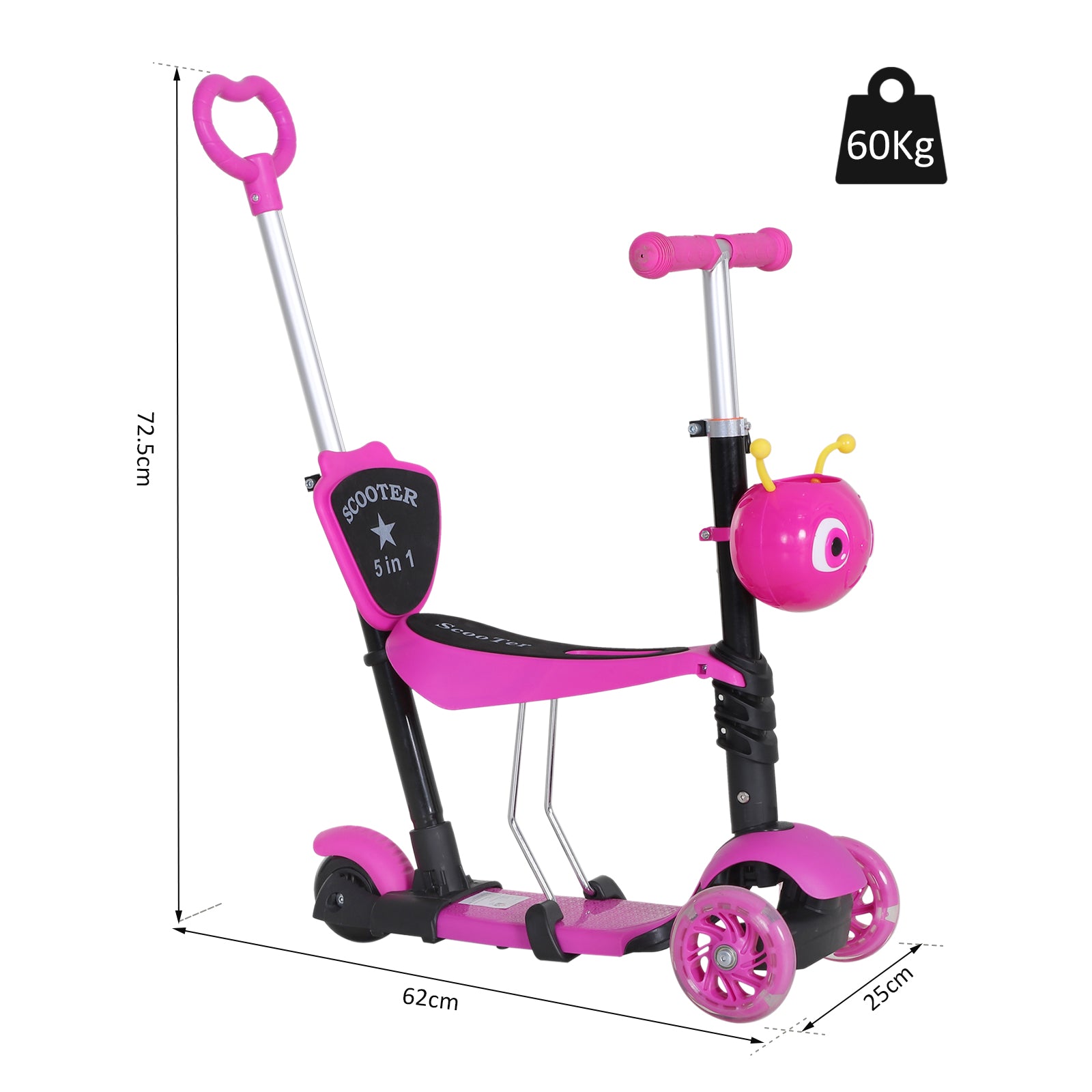 HOMCOM 5-in-1 Kids Toddler 3 Wheels Mini Kick Scooter Push Walker with Removable Seat & Back Rest for Girls and Boys Pink - North Peak Garden Furniture