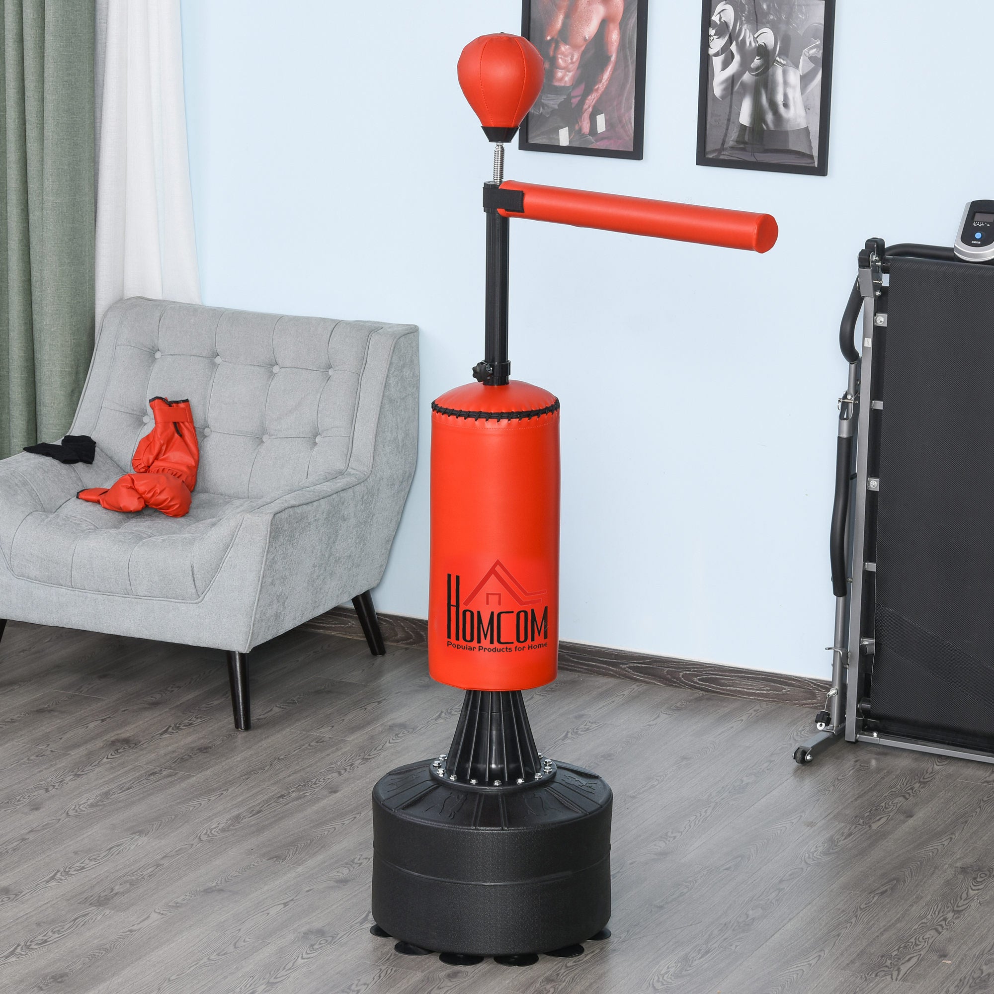 HOMCOM 155-205cm 3-IN-1 Freestanding Boxing Punch Bag Stand with Rotating Flexible Arm, Speed Ball, Waterable Base - North Peak Garden Furniture