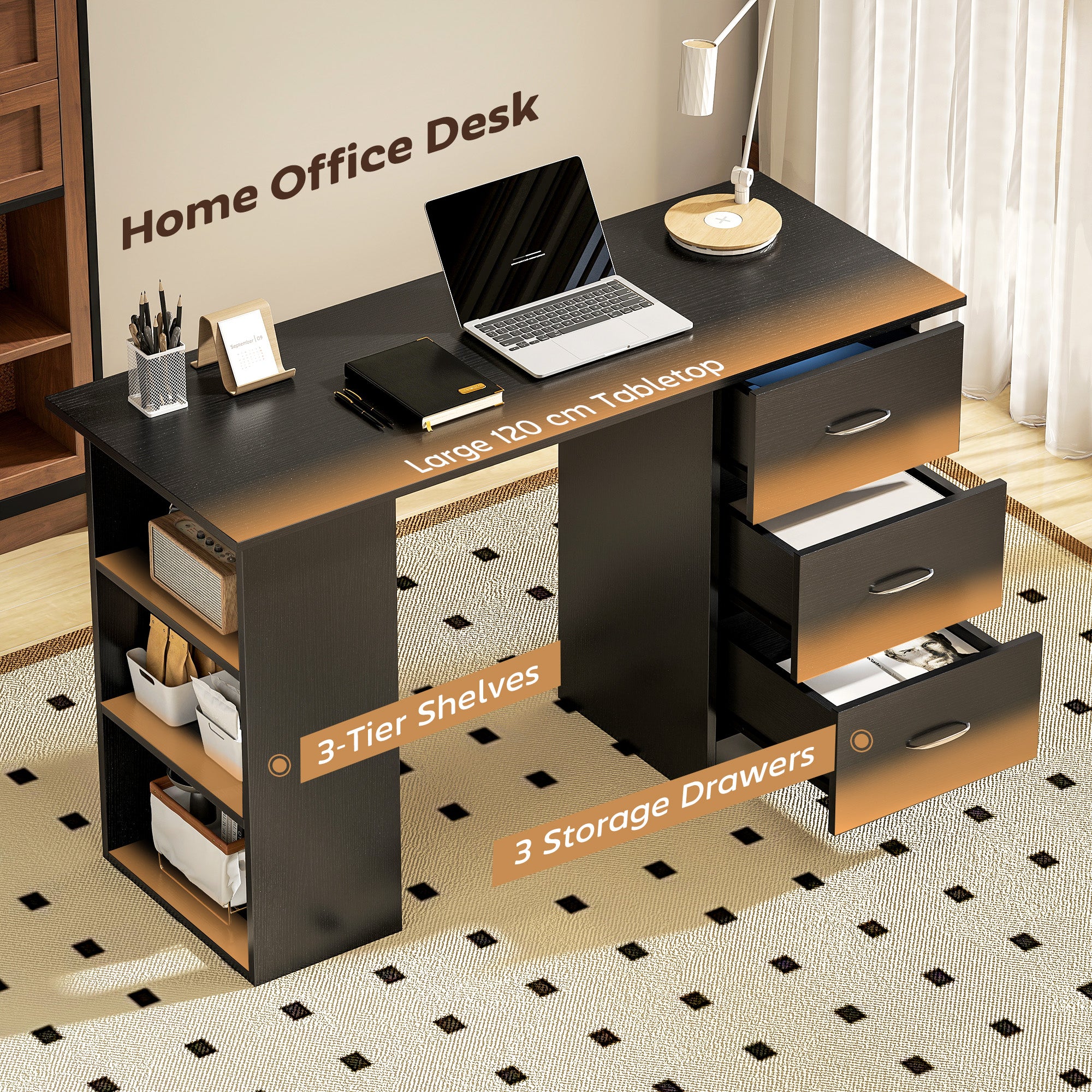 HOMCOM Computer Desk, Home Office Desk, Writing Table, PC Workstation with 3 Storage Shelves and 3 Drawers for Working, Study, 120 x 49 x 72 cm, Black