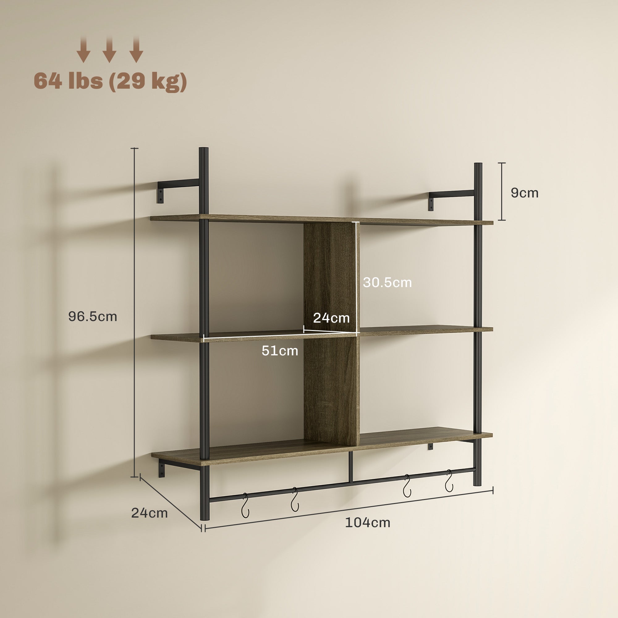 HOMCOM Three-Tier Floating Shelf - Grey Wood Effect - North Peak Garden Furniture