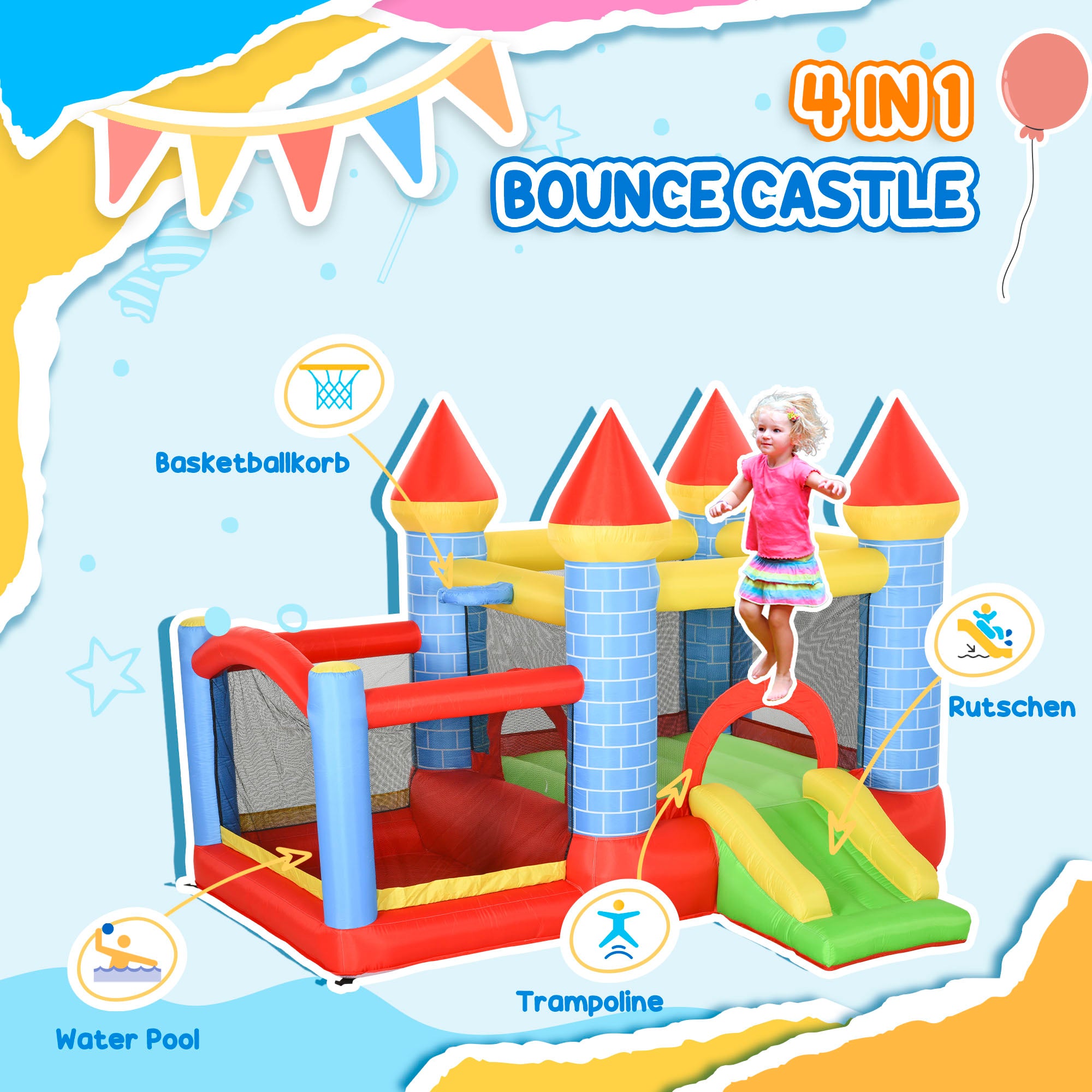 Outsunny Kids Bounce Castle Inflatable Trampoline Slide Pool Basket for Kids Age 3-10, 3 x 2.75 x 2.1m - North Peak Garden Furniture