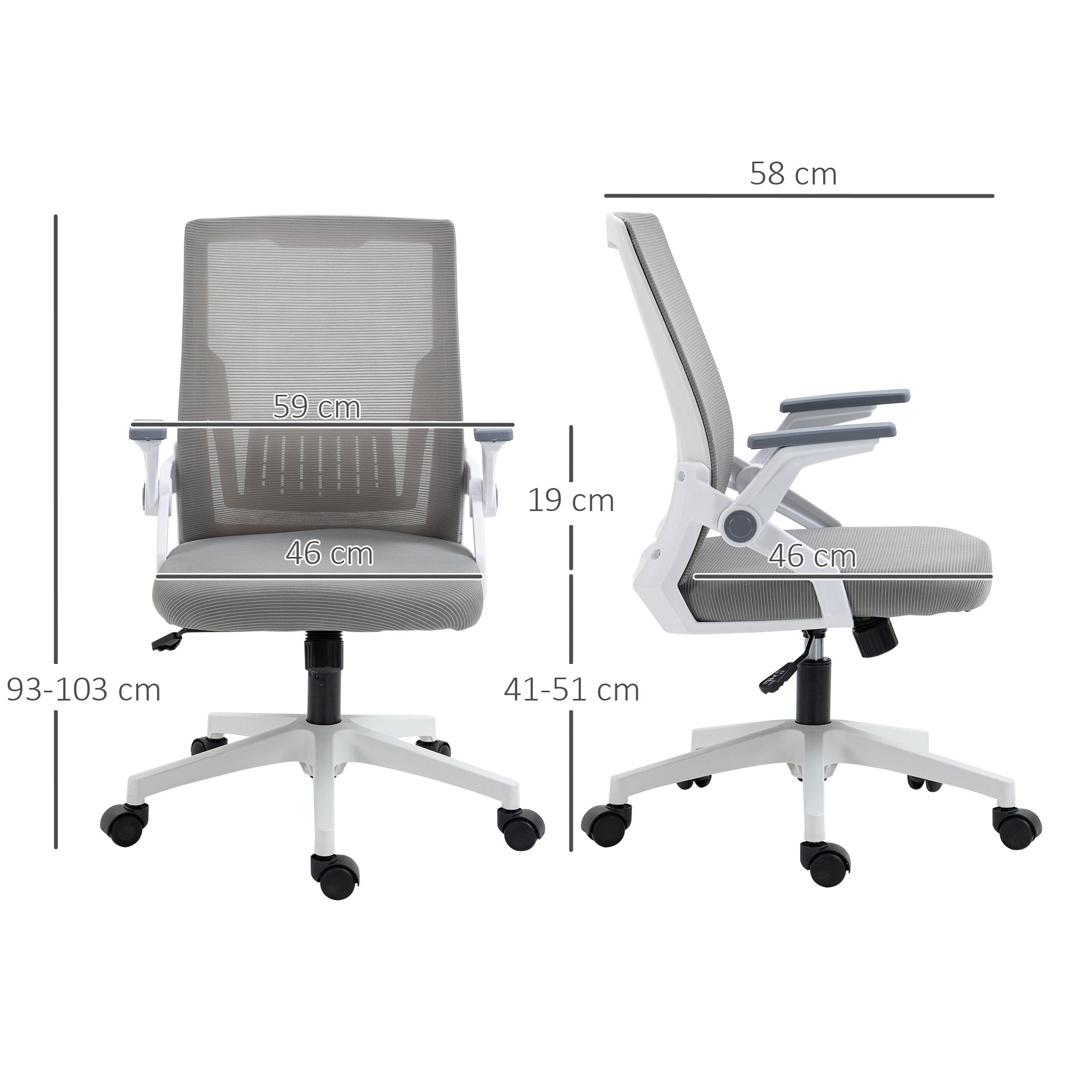 Vinsetto Mesh Office Chair, Desk Chair with Lumbar Support, Flip-up Armrest, Swivel Wheels, Adjustable Height, Grey - North Peak Garden Furniture