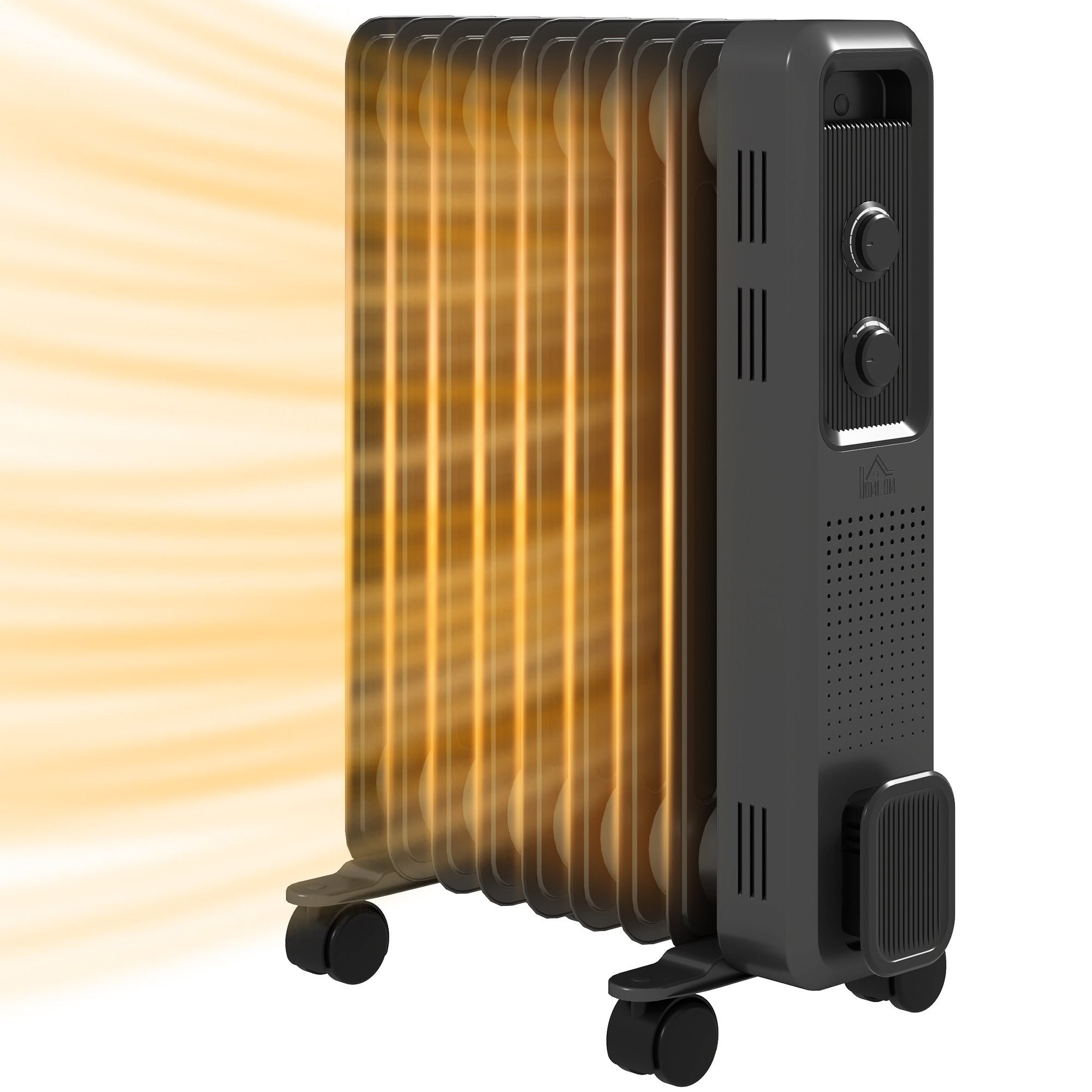 HOMCOM 2000W Oil Filled Radiator, 9 Fin, Portable Electric Heater with 3 Heat Settings, Safety Cut-Off and Wheels, Grey - North Peak Garden Furniture