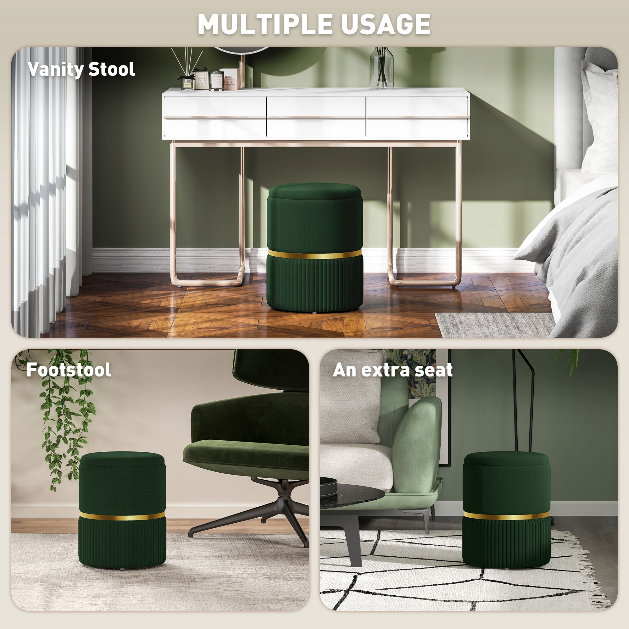 HOMCOM Velvet-Feel Storage Ottoman - Green - North Peak Garden Furniture