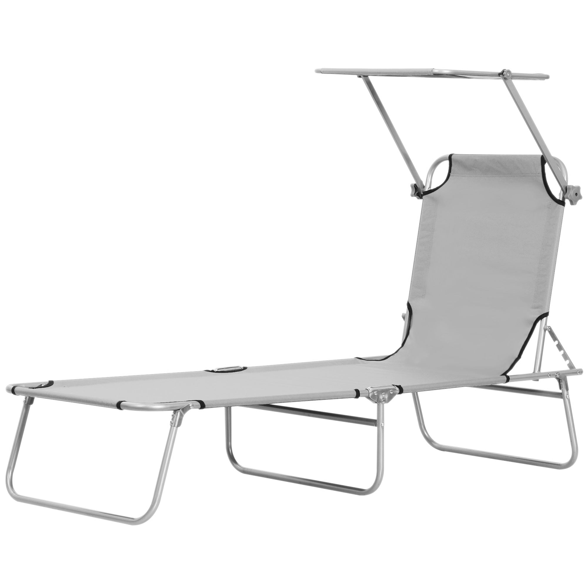 Outsunny Outdoor Foldable Sun Lounger, 4 Level Adjustable Backrest Reclining Sun Lounger Chair with Angle Adjust Sun Shade Awning for Beach, Garden, Patio, Light Grey