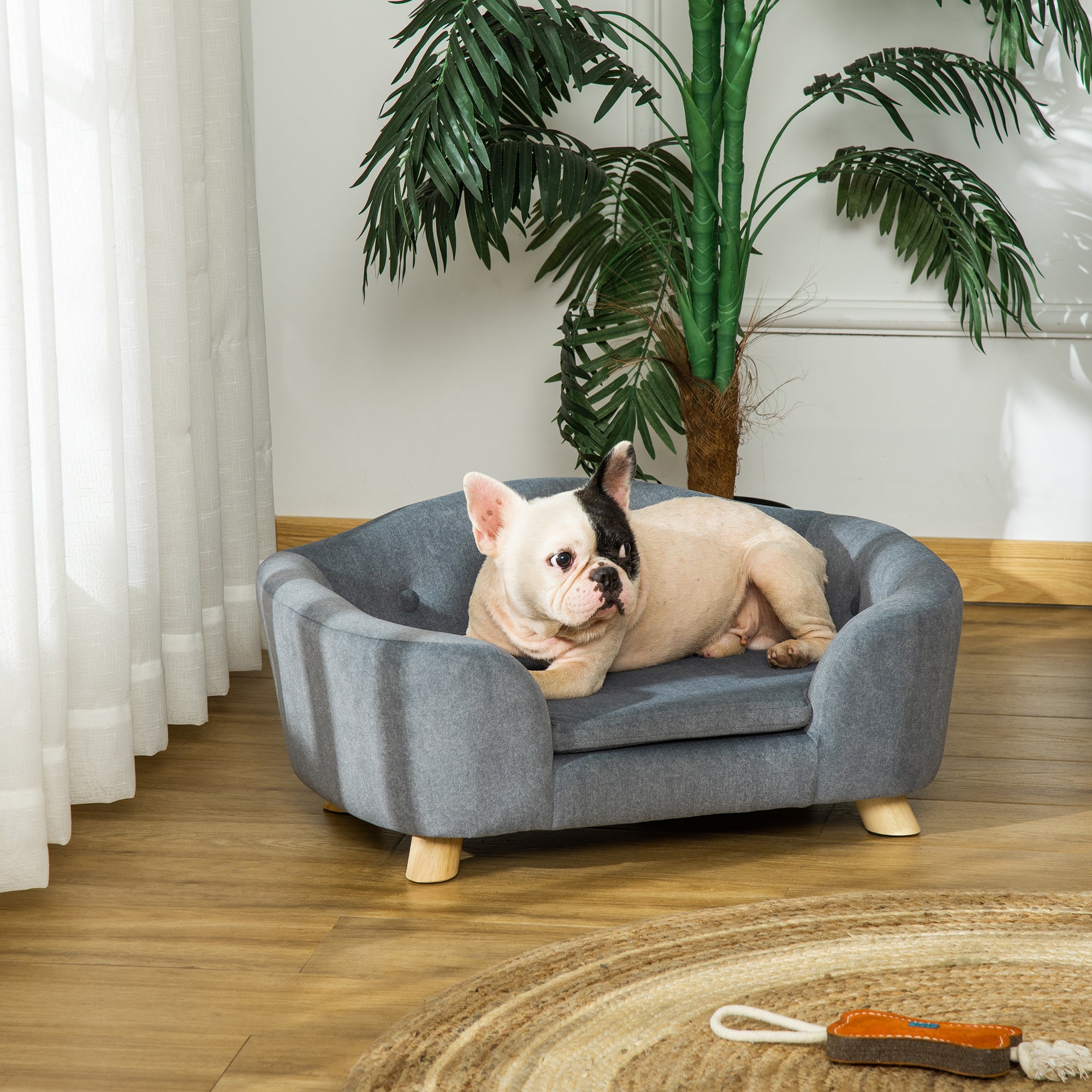 PawHut Dog Sofa Bed Pet Chair Couch with Water Resistant Fabric, Kitten Lounge with Soft Cushion Washable Cover, Wooden Frame for Mini Size Dogs - Grey - North Peak Garden Furniture