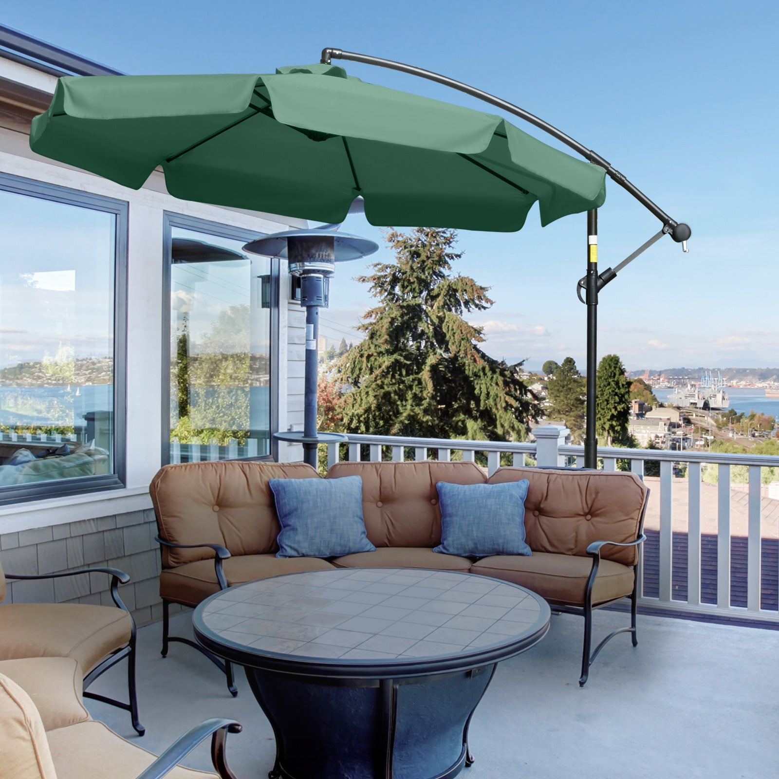 Outsunny 2.7m Garden Parasol Cantilever Umbrella with Crank Handle and Cross Base for Outdoor, Hanging Sun Shade, Green - North Peak Garden Furniture