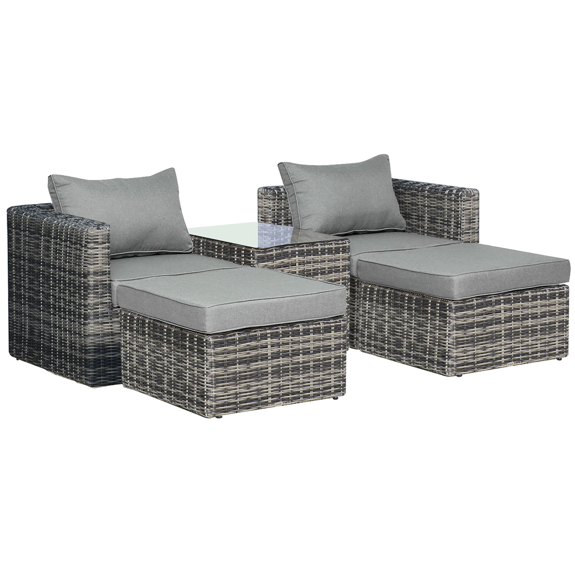 Outsunny Five Piece Rattan Armchair, Stool and Table Set - Mixed Grey - North Peak Garden Furniture