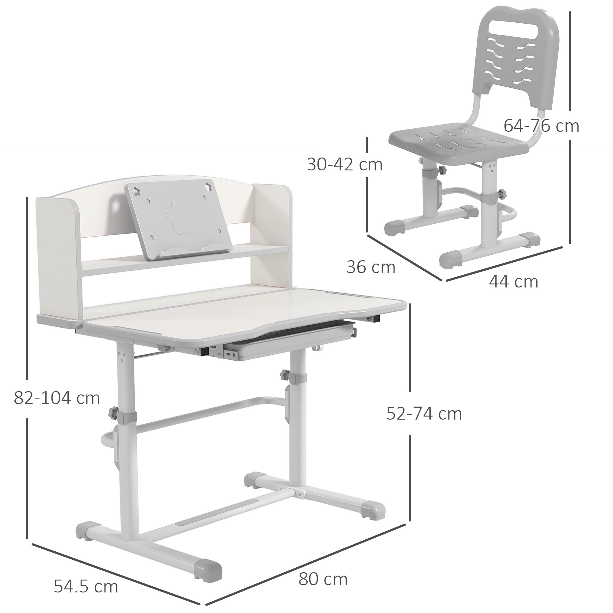 ZONEKIZ Height Adjustable Kids Study Table and Chair Set, with Drawer, Storage Shelf, 80 x 54.5 x 104 cm, Grey - North Peak Garden Furniture