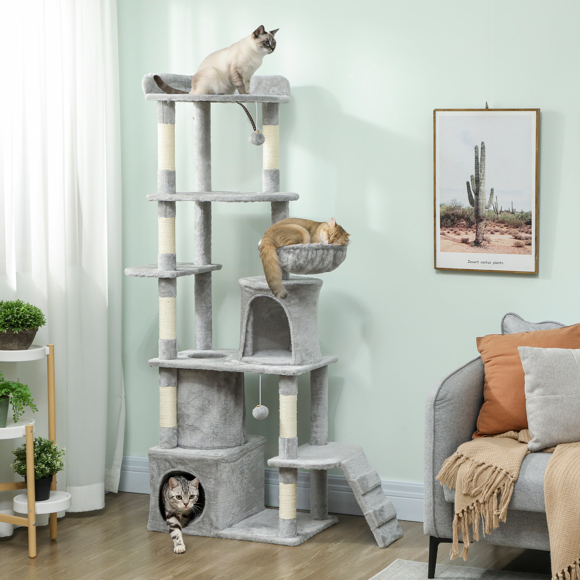 PawHut 170 cm Large Cat Tree, Cat Tower with 7 Scratching Posts, Tunnel, 2 Condos, Hammock, Perch, Ramp, Pompoms, Light Grey