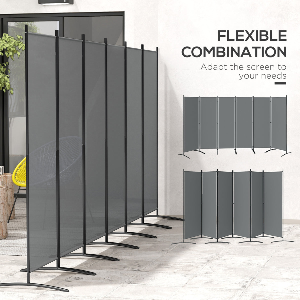 Outsunny 6 Panel Folding Room Divider, 1.7m Privacy Screen with Wide Feet, Portable Freestanding Metal Partition Separator for Office, Living Room, Bedroom, Dining Room, Dark Grey