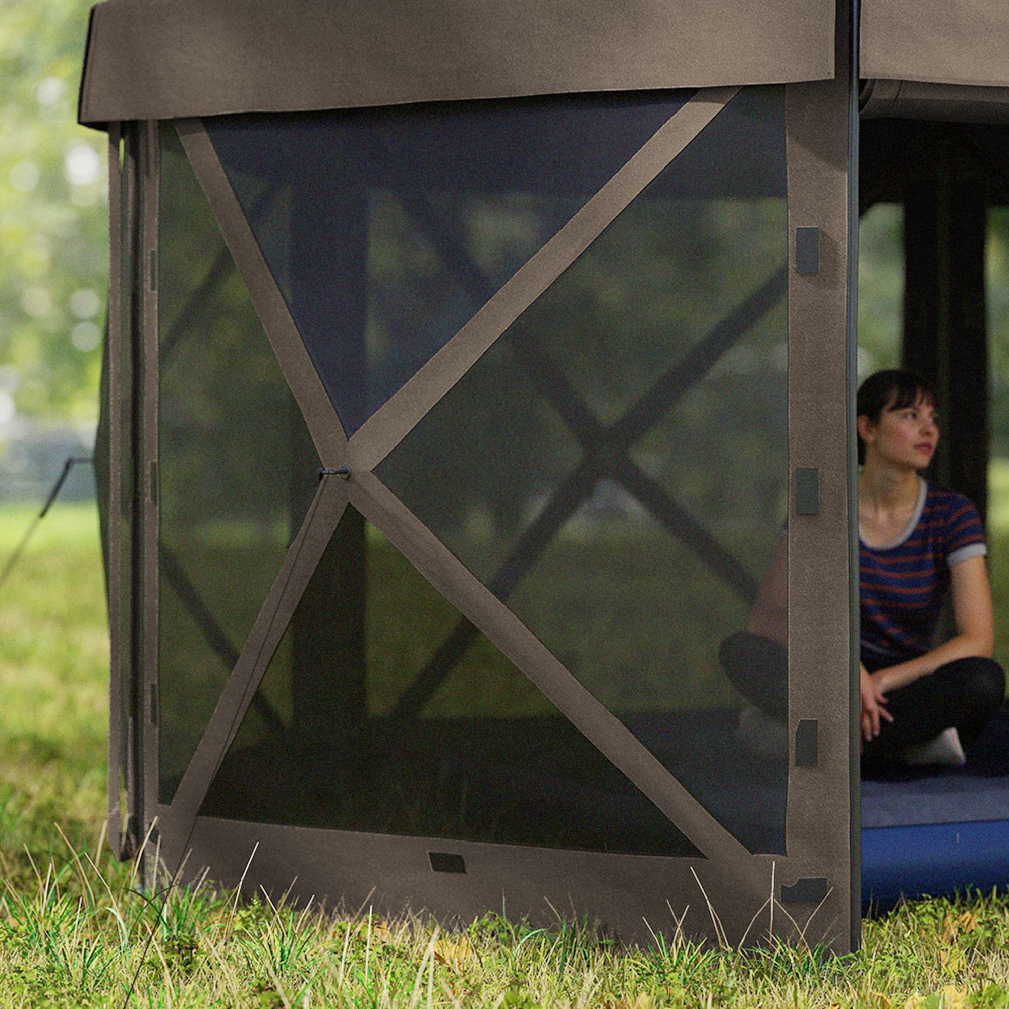 Outsunny 3 x 3(m) Hexagon Pop Up Gazebo with 5 Sides and Carry Bag, Waterproof, UV Resistant Party Tent Instant Event Shelter with Netting for Garden, Patio, Brown - North Peak Garden Furniture