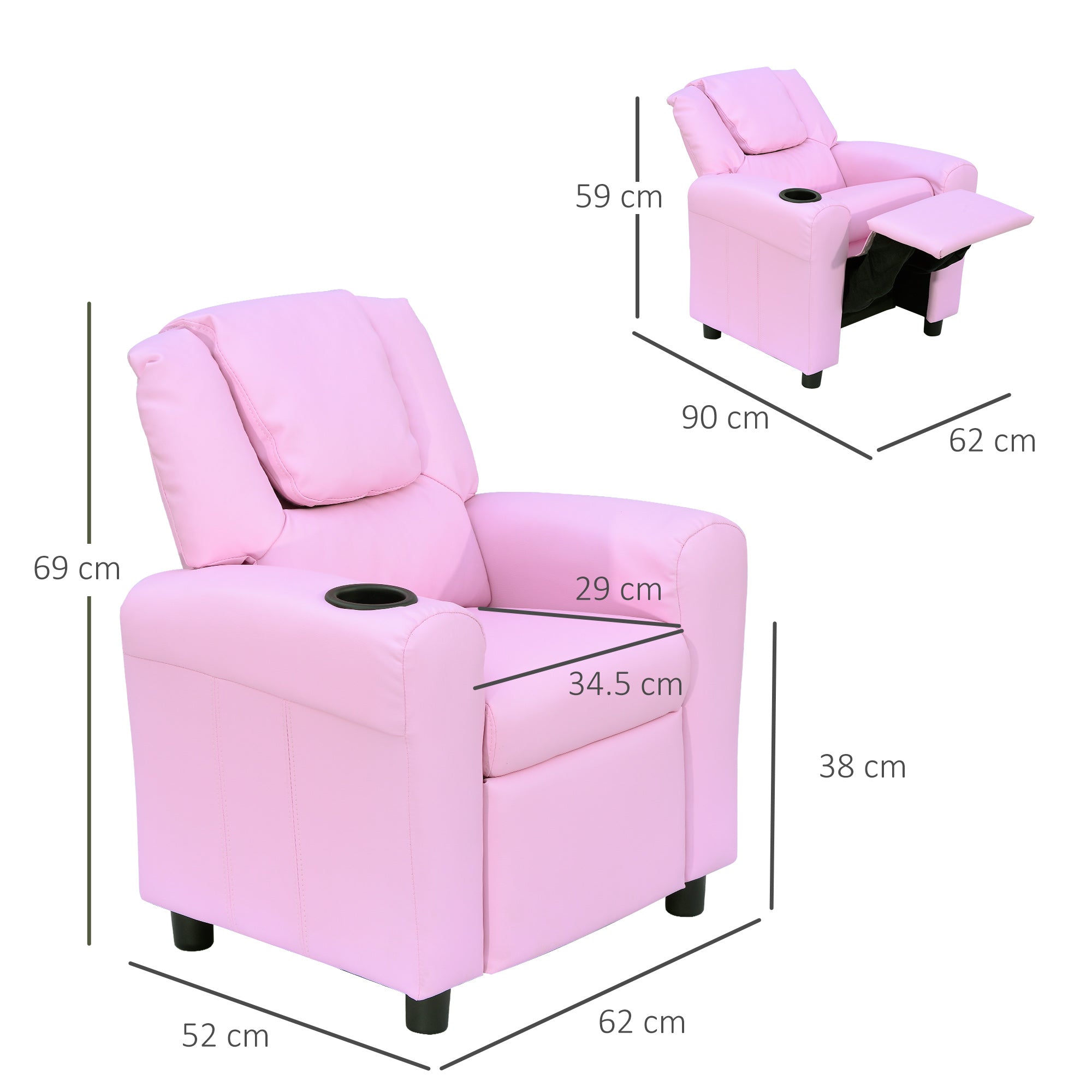 HOMCOM Kids Recliner Chair, PU Leather with Adjustable Backrest, Footrest, Padded Headrest, Pink - North Peak Garden Furniture