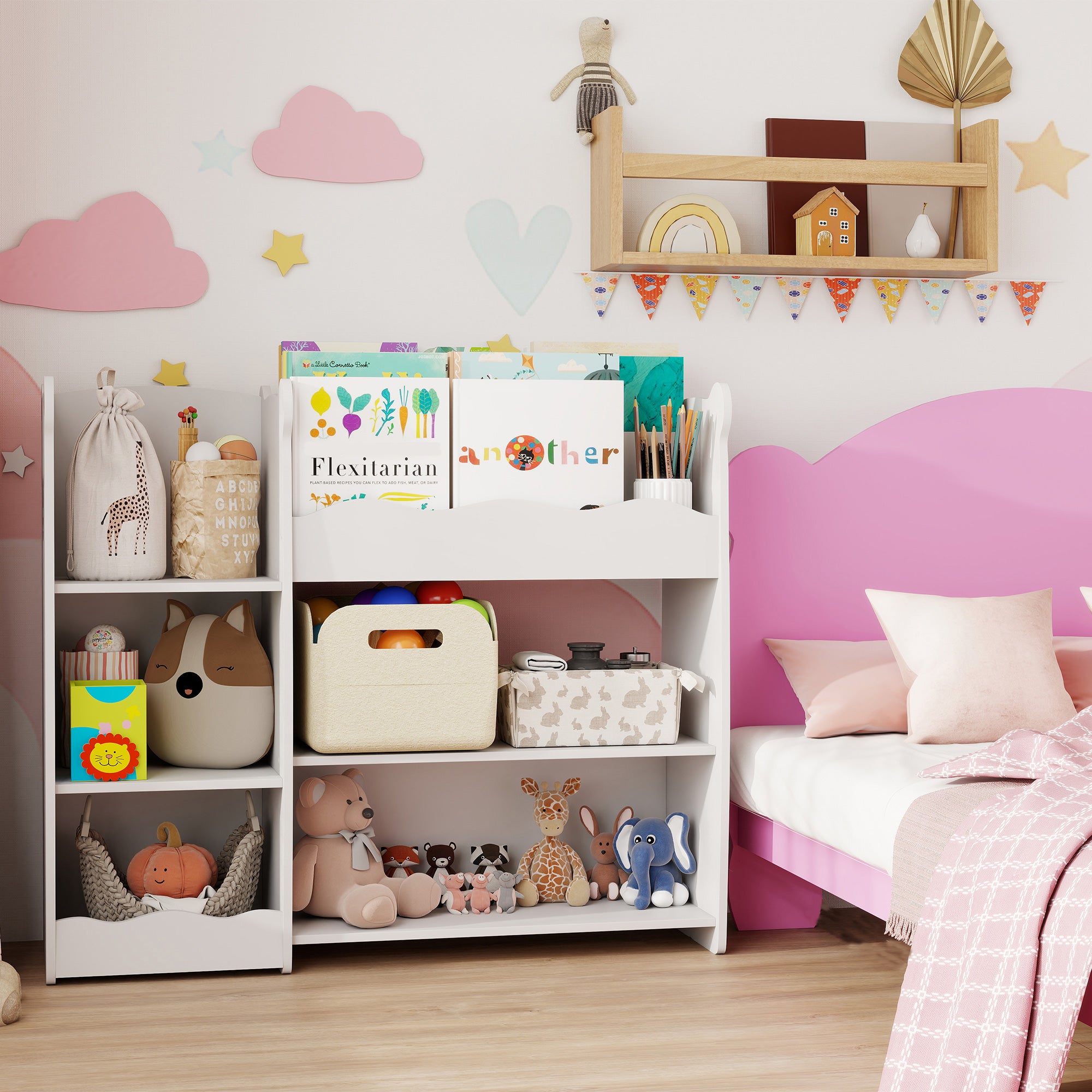 AIYAPLAY Kids Toy Storage Unit, Bear Design Kids Bookshelf and Toy Organiser, for Bedroom, Nursery, Playroom, White
