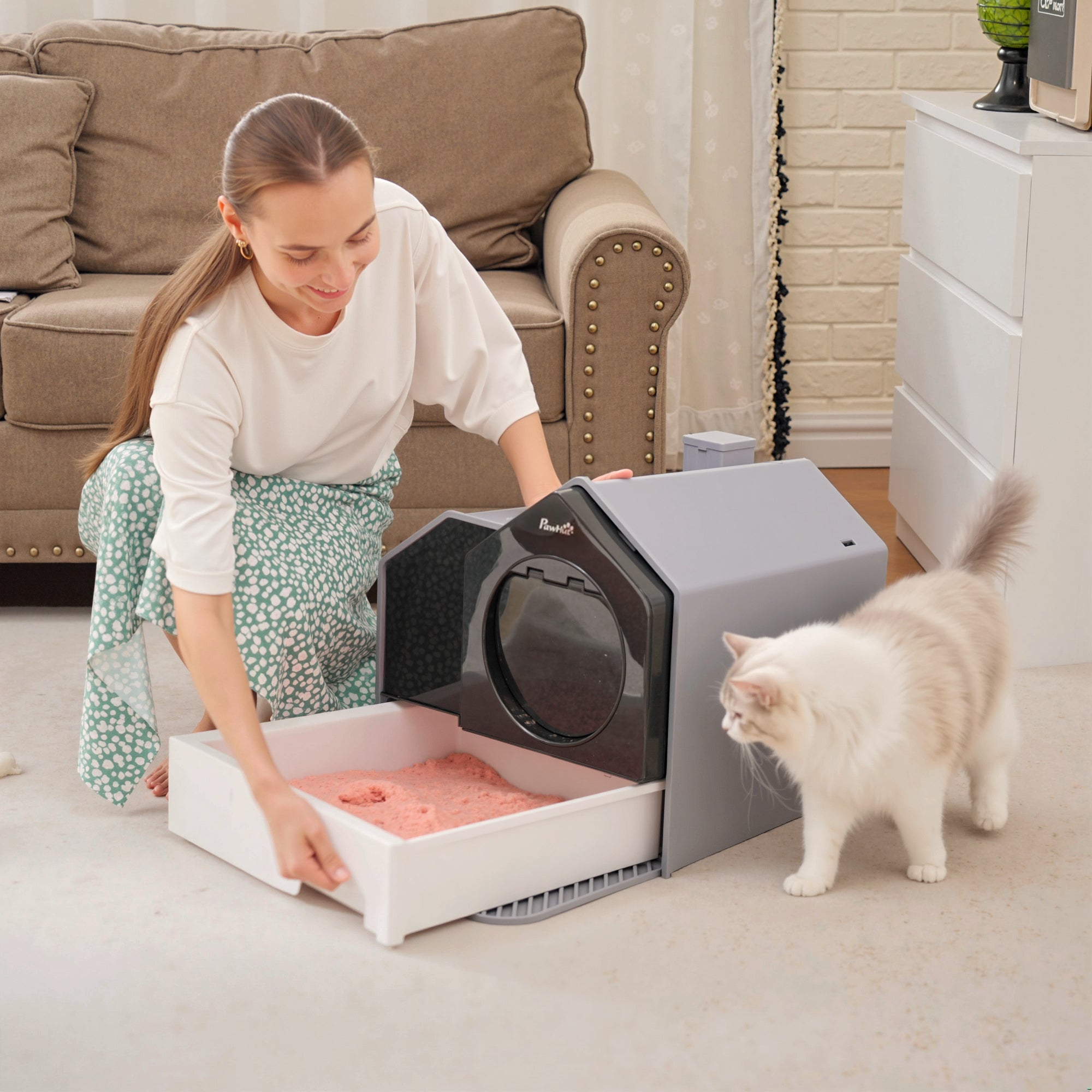 PawHut Hooded Cat Litter Tray with Scoop, Cat Litter Box with Drawer Pan, Handle, Deodorants, Hut Design, Front Entrance, 47 x 45 x 42cm - Grey