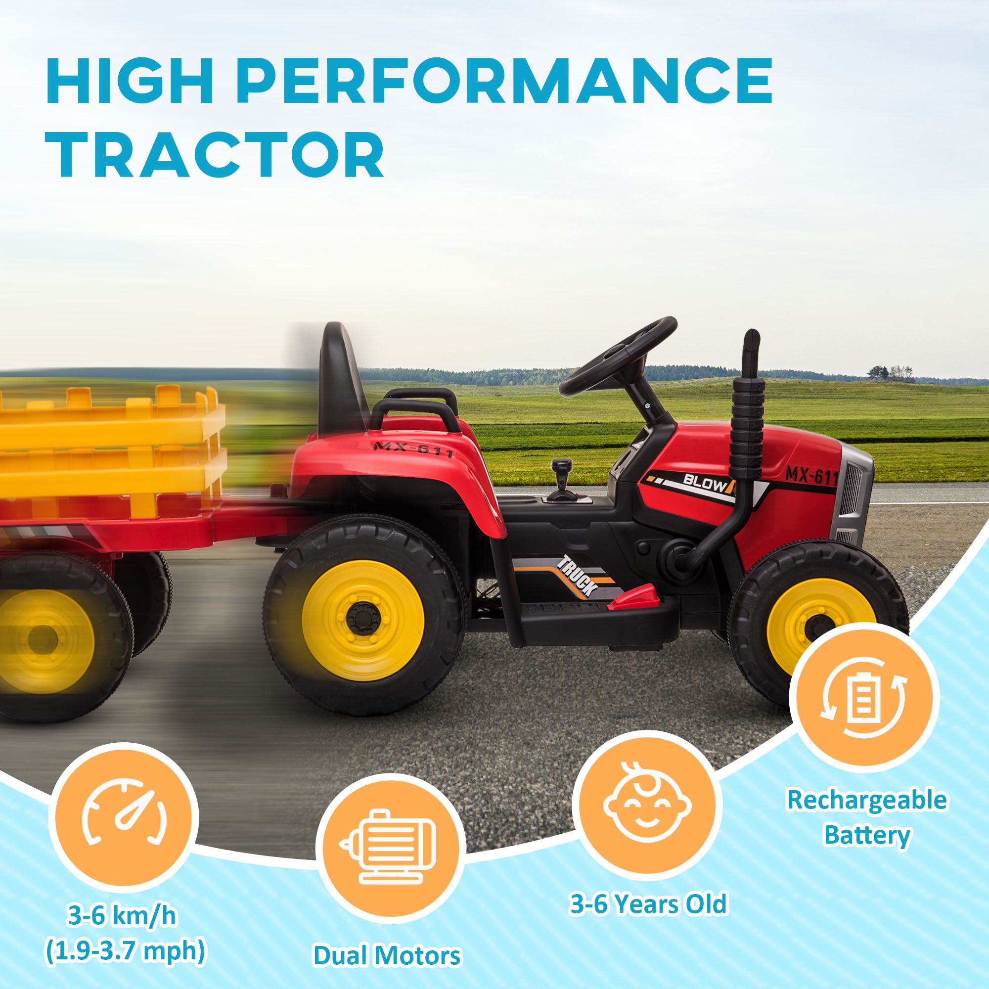 HOMCOM Ride On Tractor, Battery Powered Electric Car, with Detachable Trailer, Remote Control, Music - Red - North Peak Garden Furniture