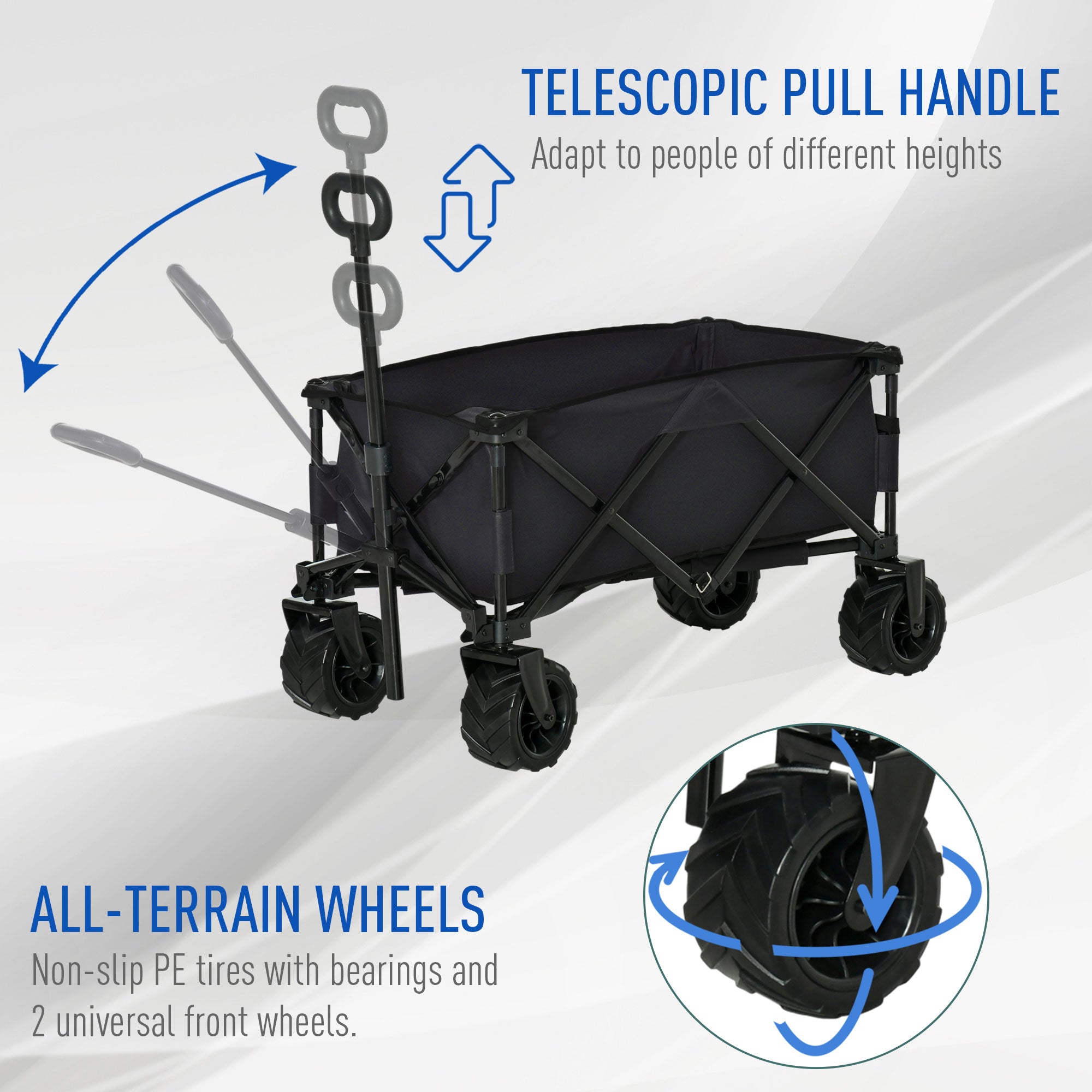 Outsunny Outdoor Folding Garden Trolley on Wheels, Capming Cargo Wagon Cart Trailer w/ Handle, Wheels for Beach Garden, Black - North Peak Garden Furniture