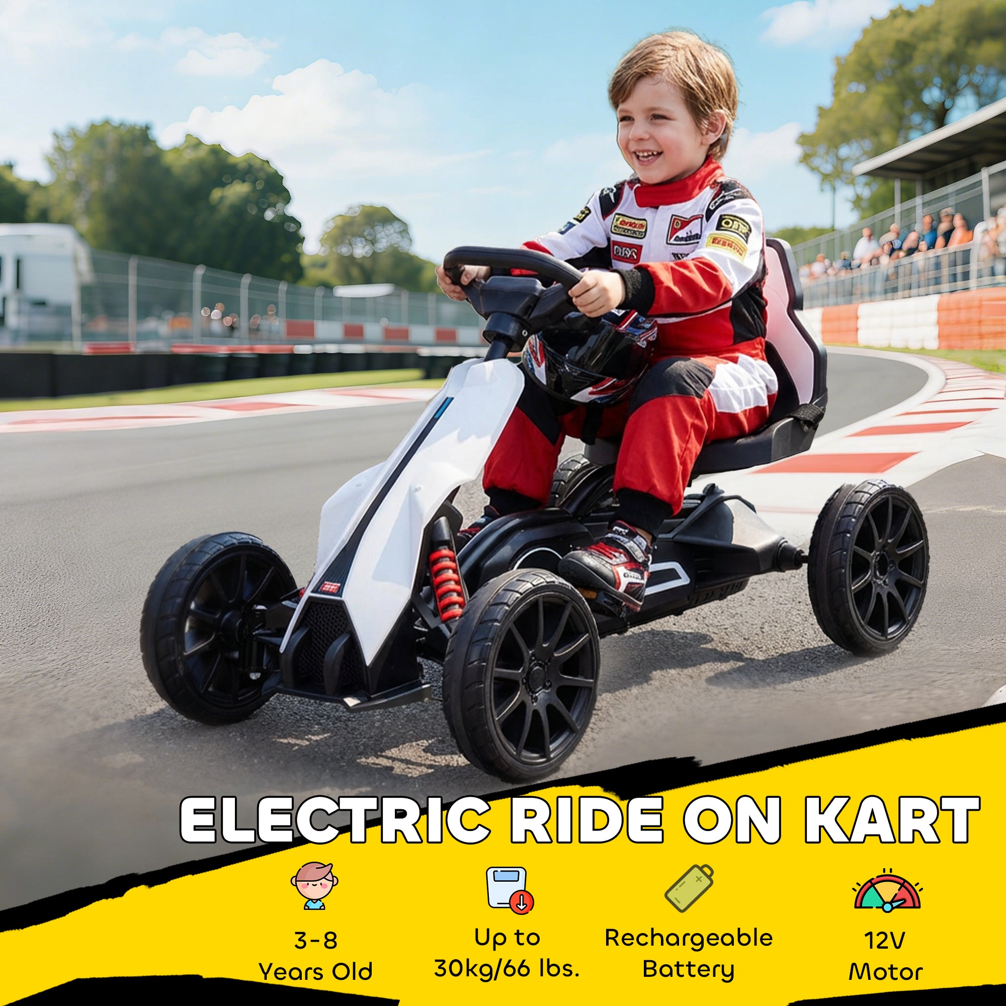 HOMCOM 12V Electric Go Kart for Kids, Ride-On Racing Go Kart with Forward Reversing, Rechargeable Battery, 2 Speeds, for Boys Girls Aged 3-8 Years Old - White