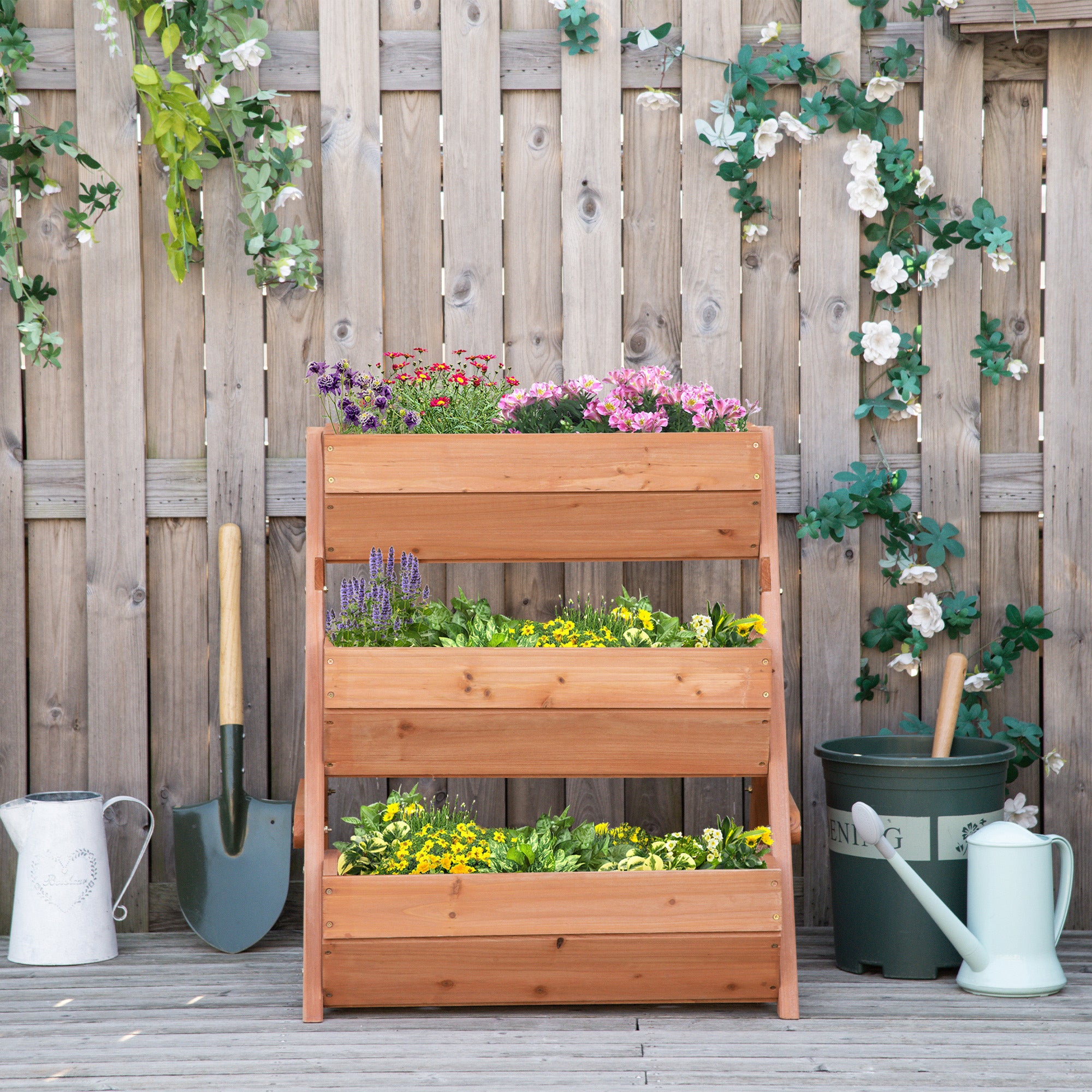 Outsunny 3 Tier Raised Garden Bed Wooden Elevated Planter Box Kit, 66L for Flower, Vegetable, Herb, 65x75x78cm, Brown - North Peak Garden Furniture