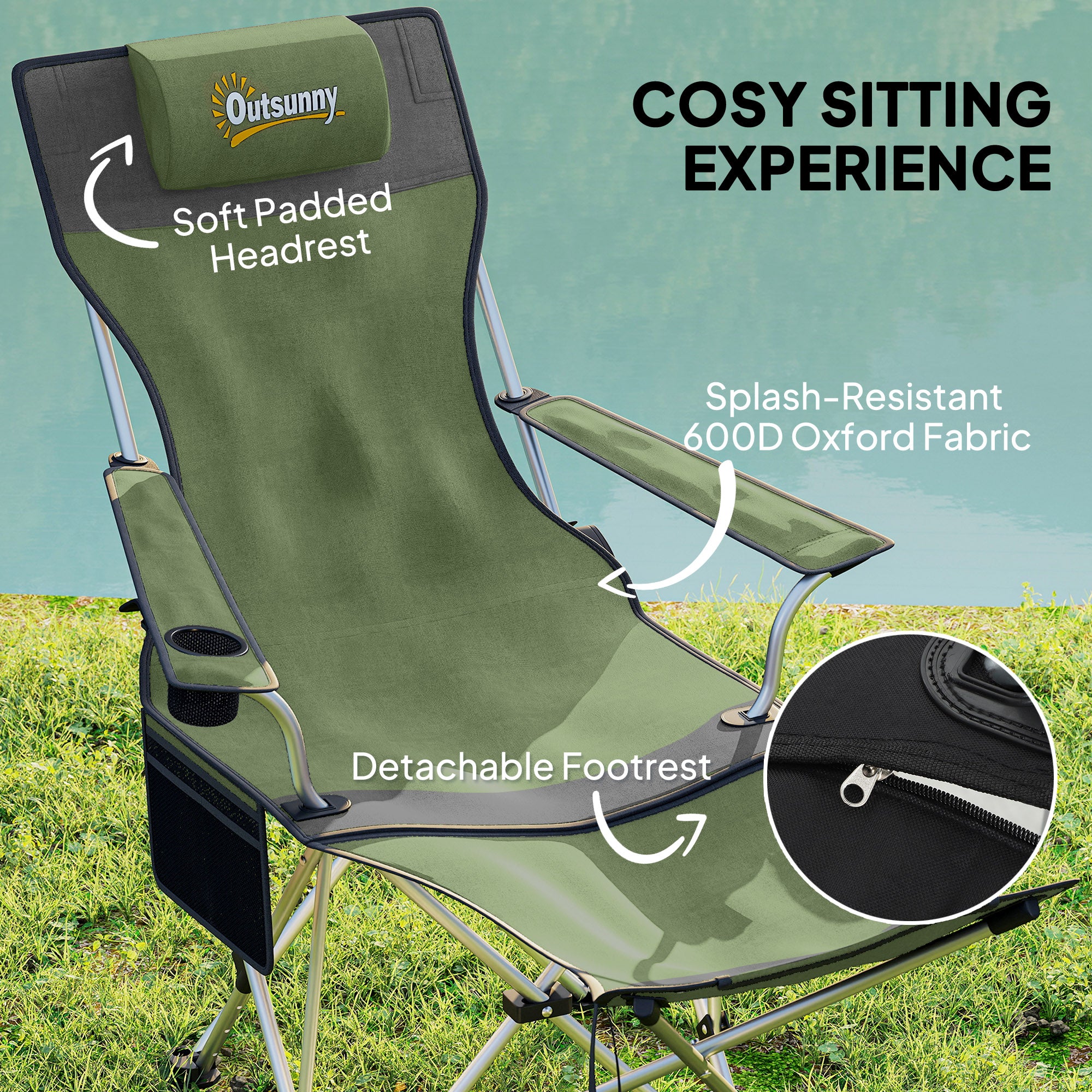 Outsunny Set of 2 Reclining Folding Camping Chair w/ Detachable Footrest, Storage Bag, Cup Holder & Headrest, Lightweight Portable Camp Chair for Beach, Picnic, Olive Green and Grey - North Peak Garden Furniture