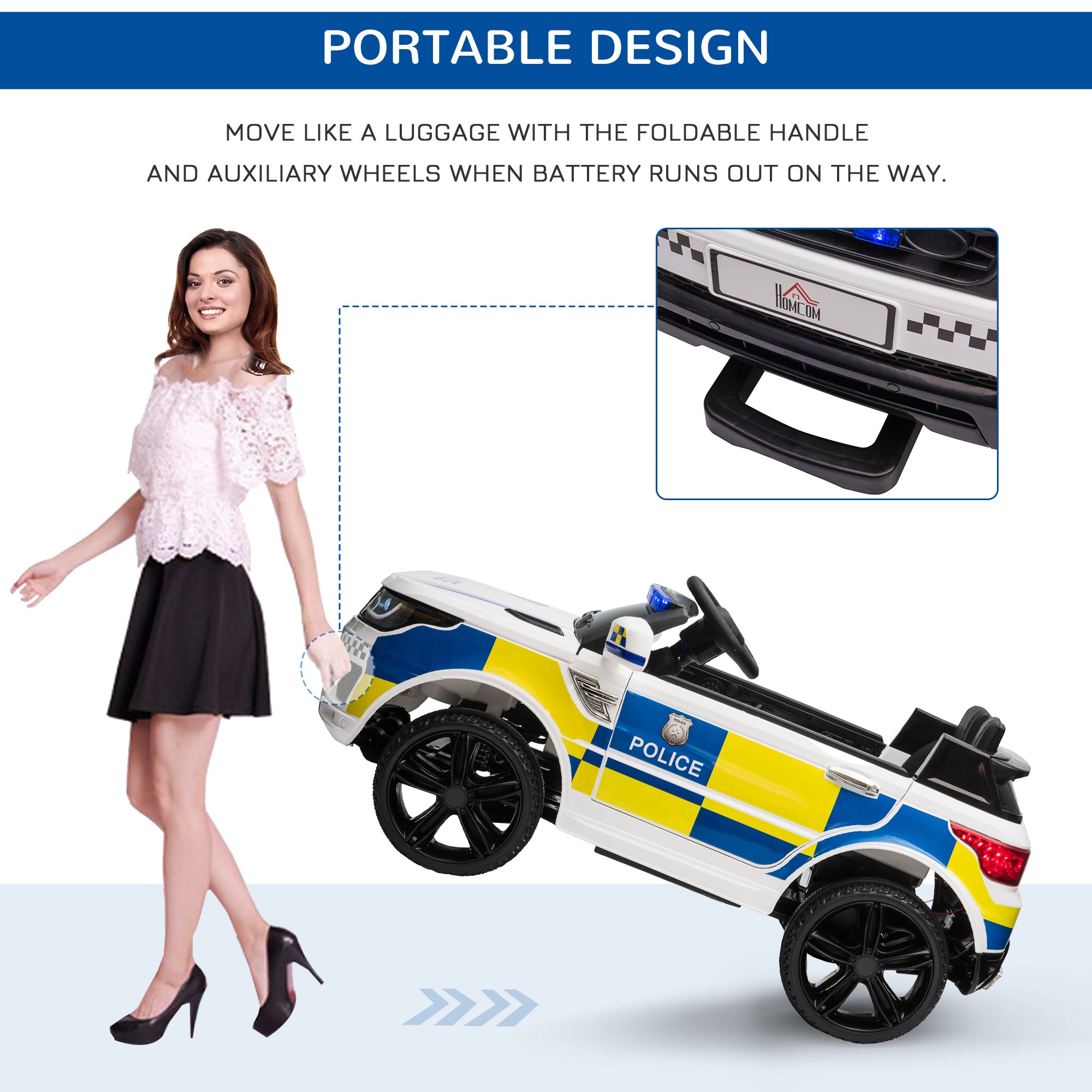 HOMCOM 12V Kids Electric Ride On Police Car 2 Motors with Parental Remote Control Siren Flashing Lights USB Portable for 3-6 Years White - North Peak Garden Furniture