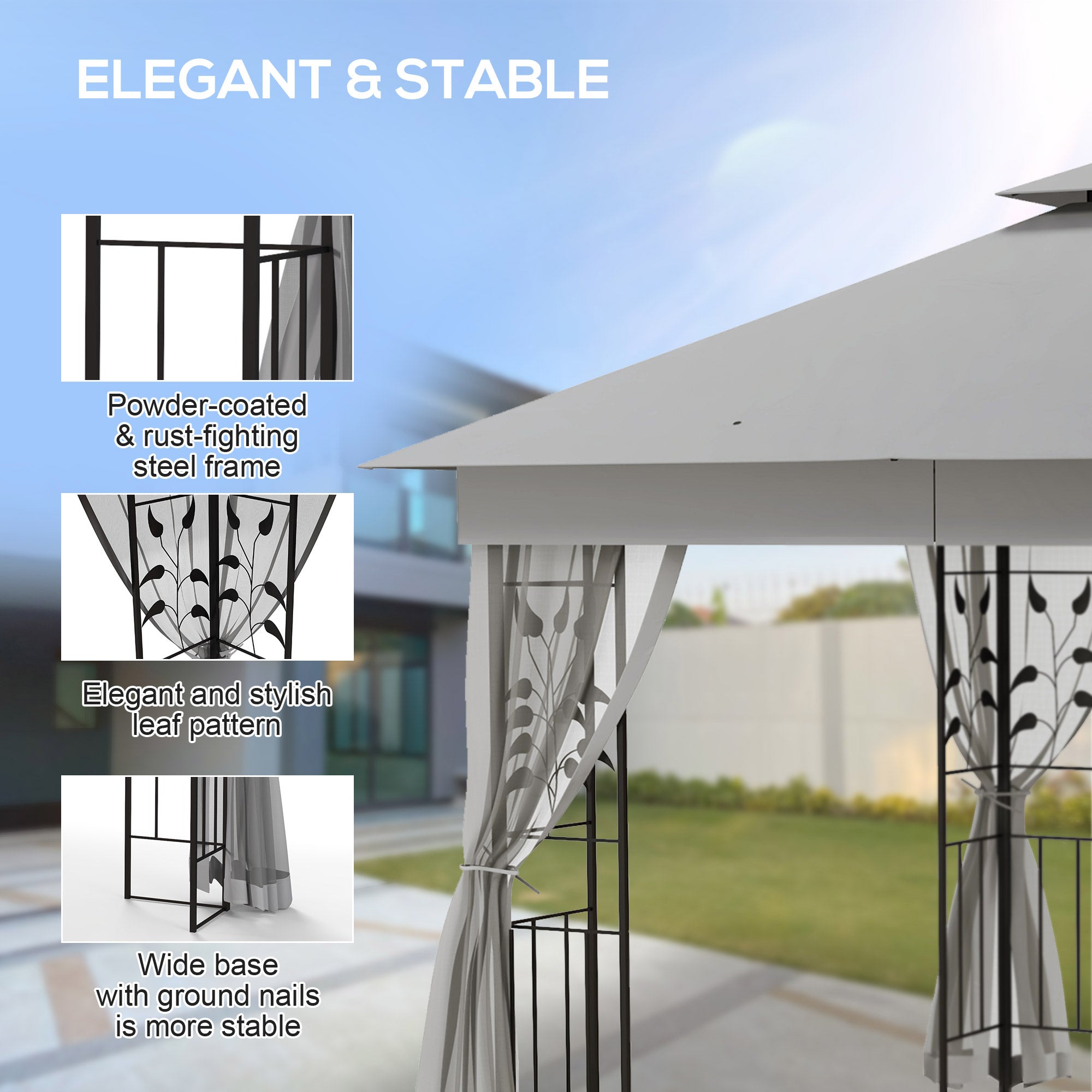 Outsunny 3(m) x 3(m) Double Roof Outdoor Garden Gazebo Canopy Shelter with Netting, Solid Steel Frame, Light Grey - North Peak Garden Furniture