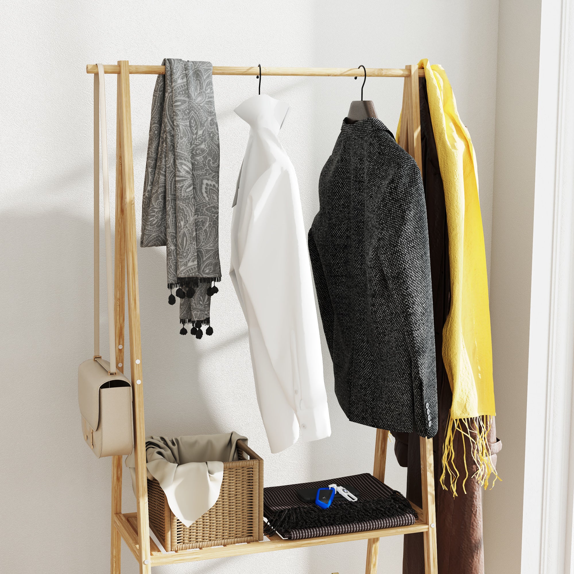 HOMCOM Bamboo Clothes Rack, with Shelves and Hooks - Natural Finish - North Peak Garden Furniture