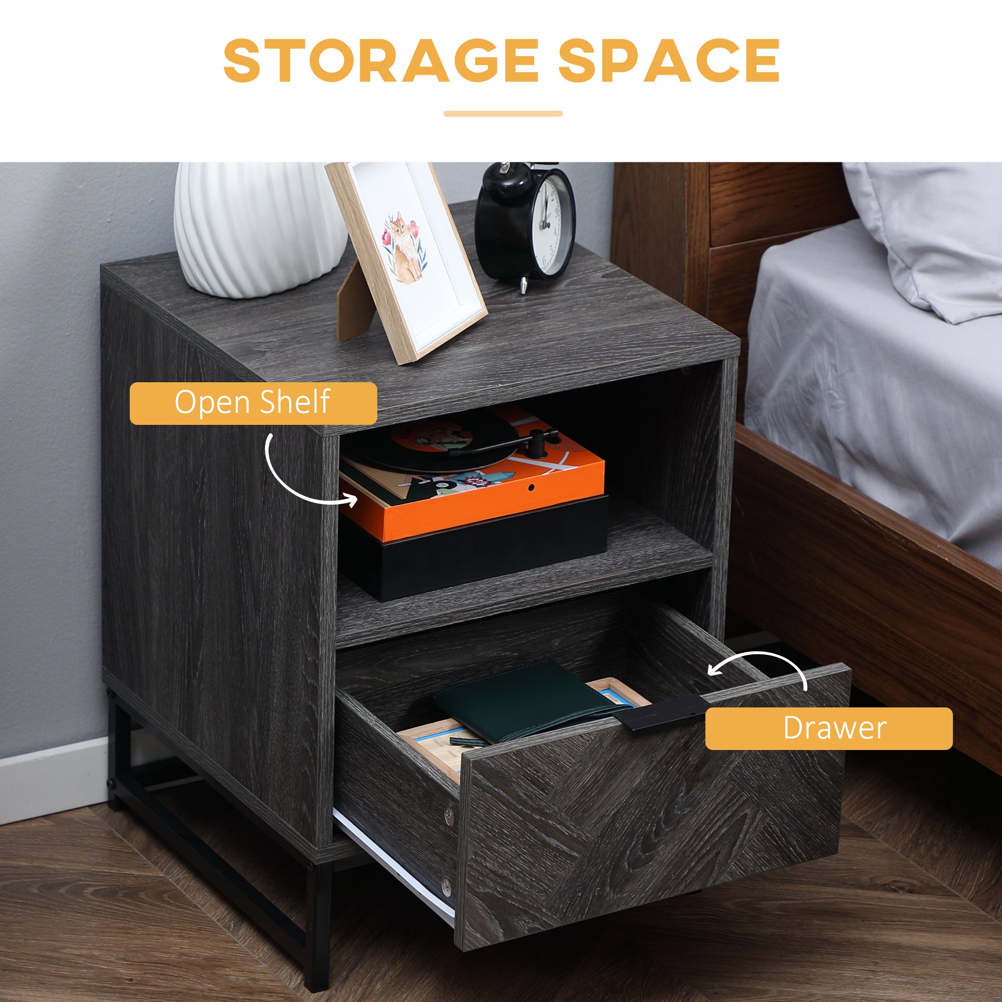 HOMCOM Bedside Table with Drawer and Shelf, Side End Table with Steel Legs for Living Room, Bedroom, Dark Grey - North Peak Garden Furniture