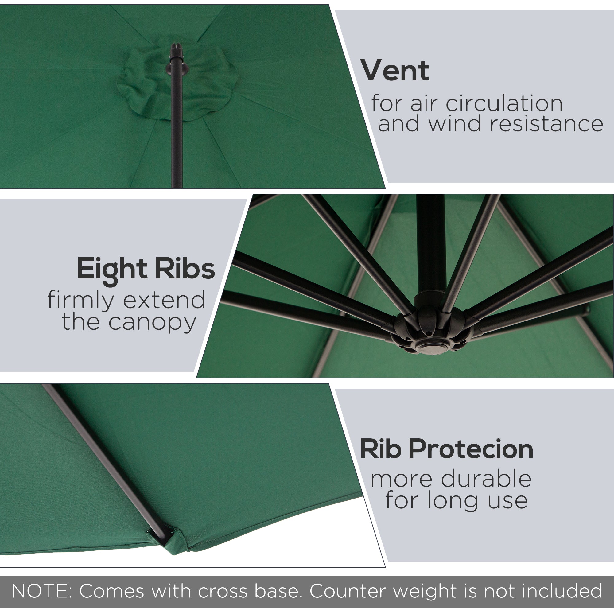 Outsunny 3(m) Banana Parasol Hanging Cantilever Umbrella with Crank Handle, 8 Ribs and Cross Base for Outdoor, Sun Shade, Dark Green - North Peak Garden Furniture