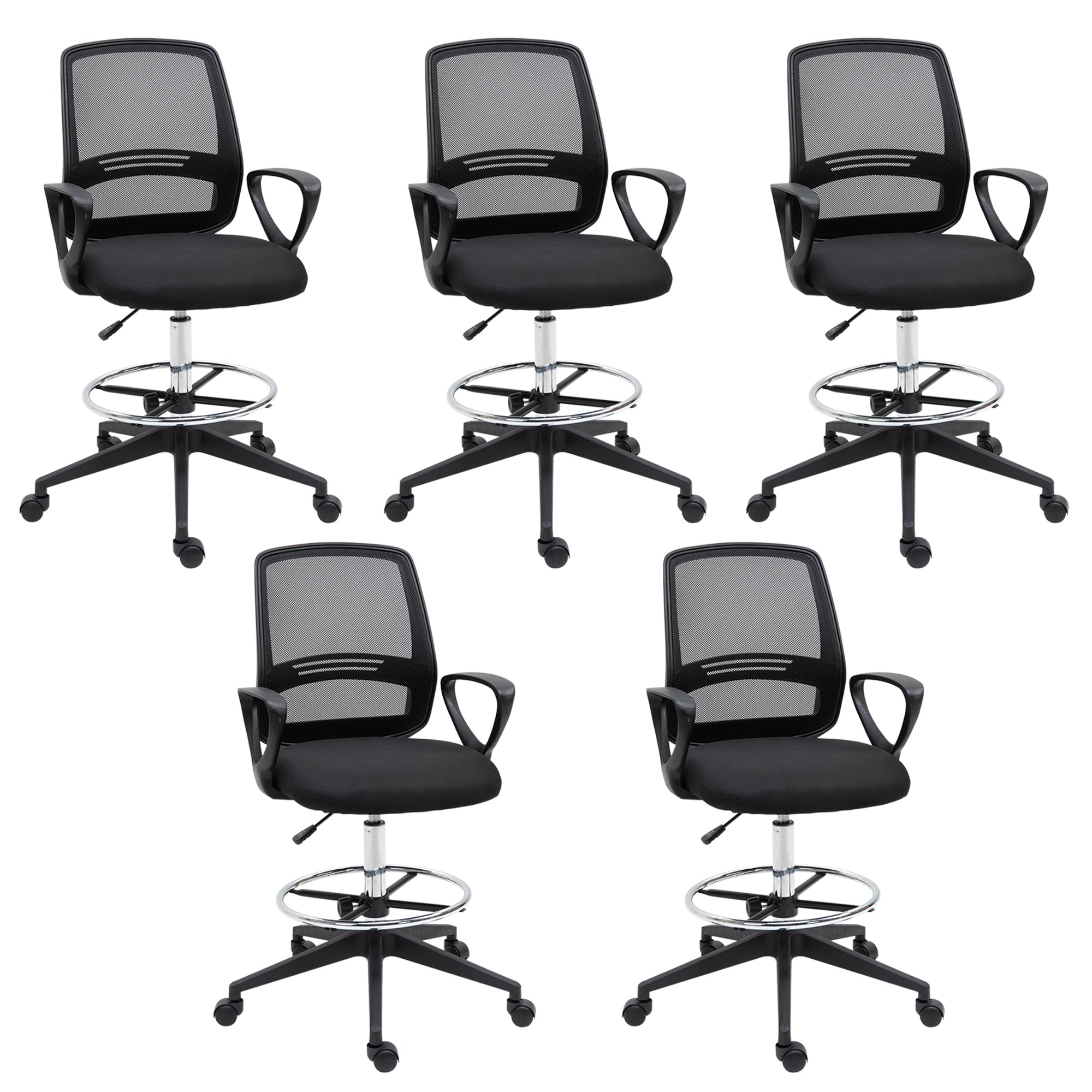 Vinsetto Ergonomic Mesh Back Drafting Chair, Tall Office Chair, Draughtsman Chair with Adjustable Height and Footrest 360° Swivel, Set of 5 - North Peak Garden Furniture
