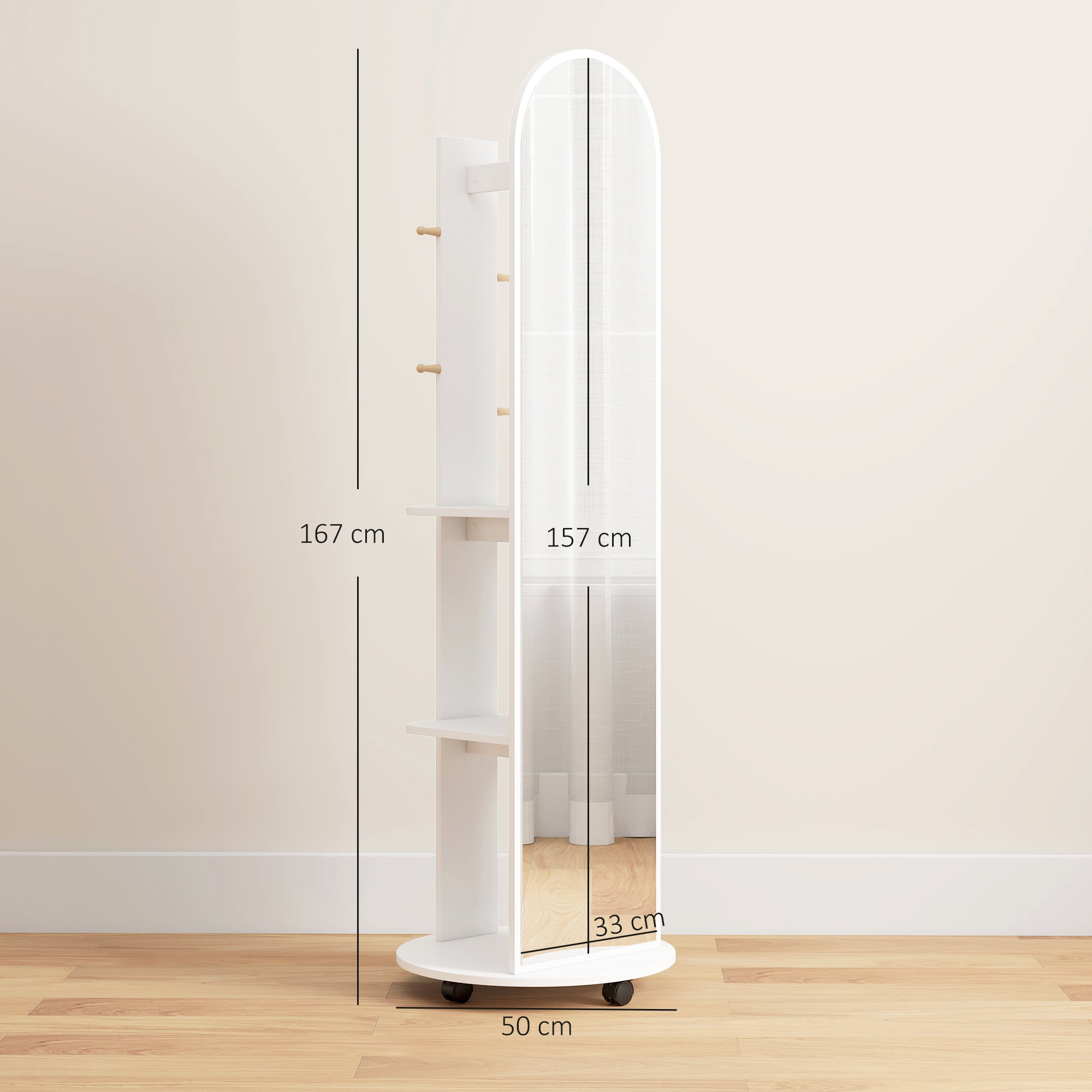 HOMCOM 2-in-1 Full Length Mirror with Storage Shelves, Floor Mirror with 4 Wheels, Coat Rack, Hooks, White