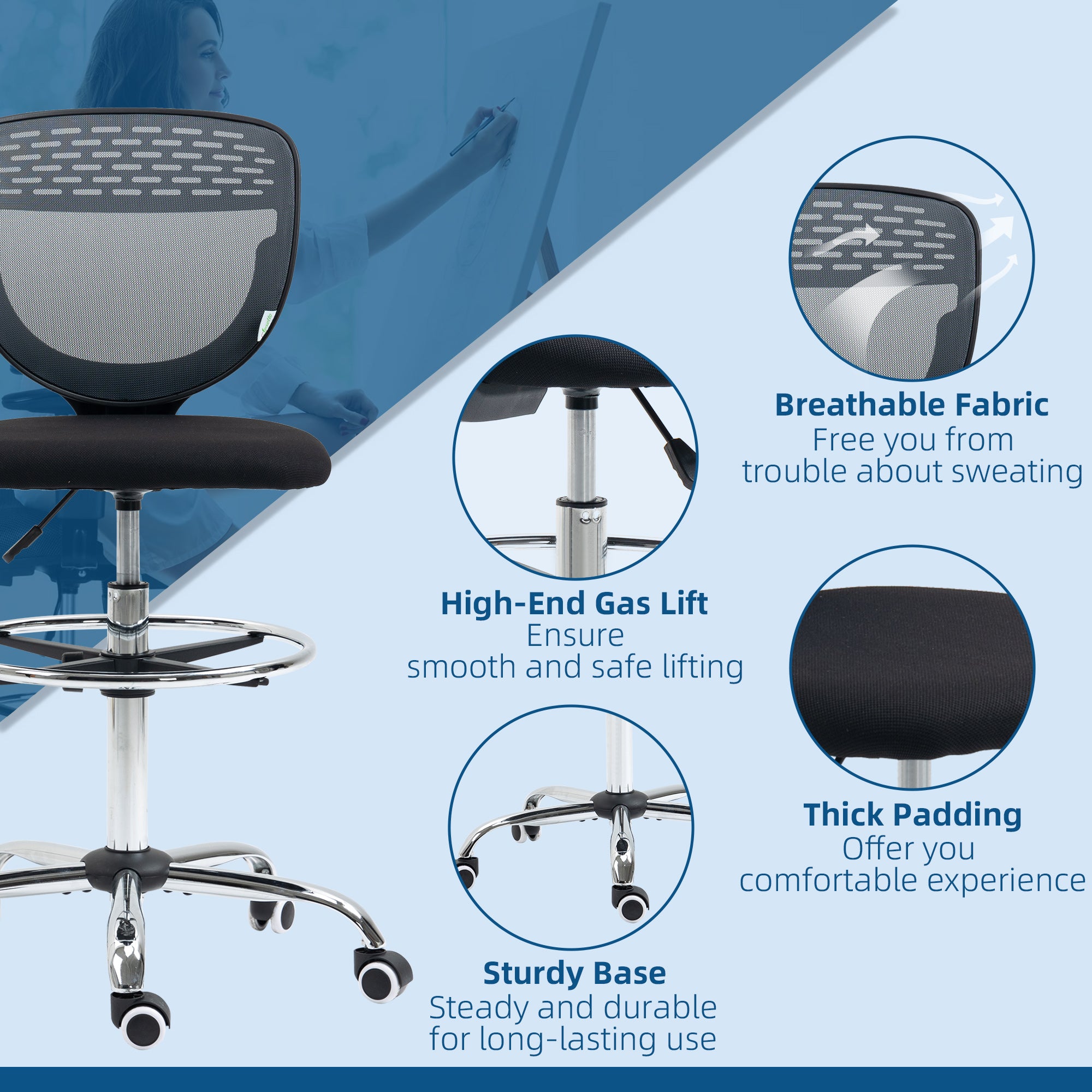 Vinsetto Drafting Chair, Swivel Office Draughtsman Chair, Mesh Standing Desk Chair with Lumbar Support, Adjustable Foot Ring, Armless, Grey - North Peak Garden Furniture